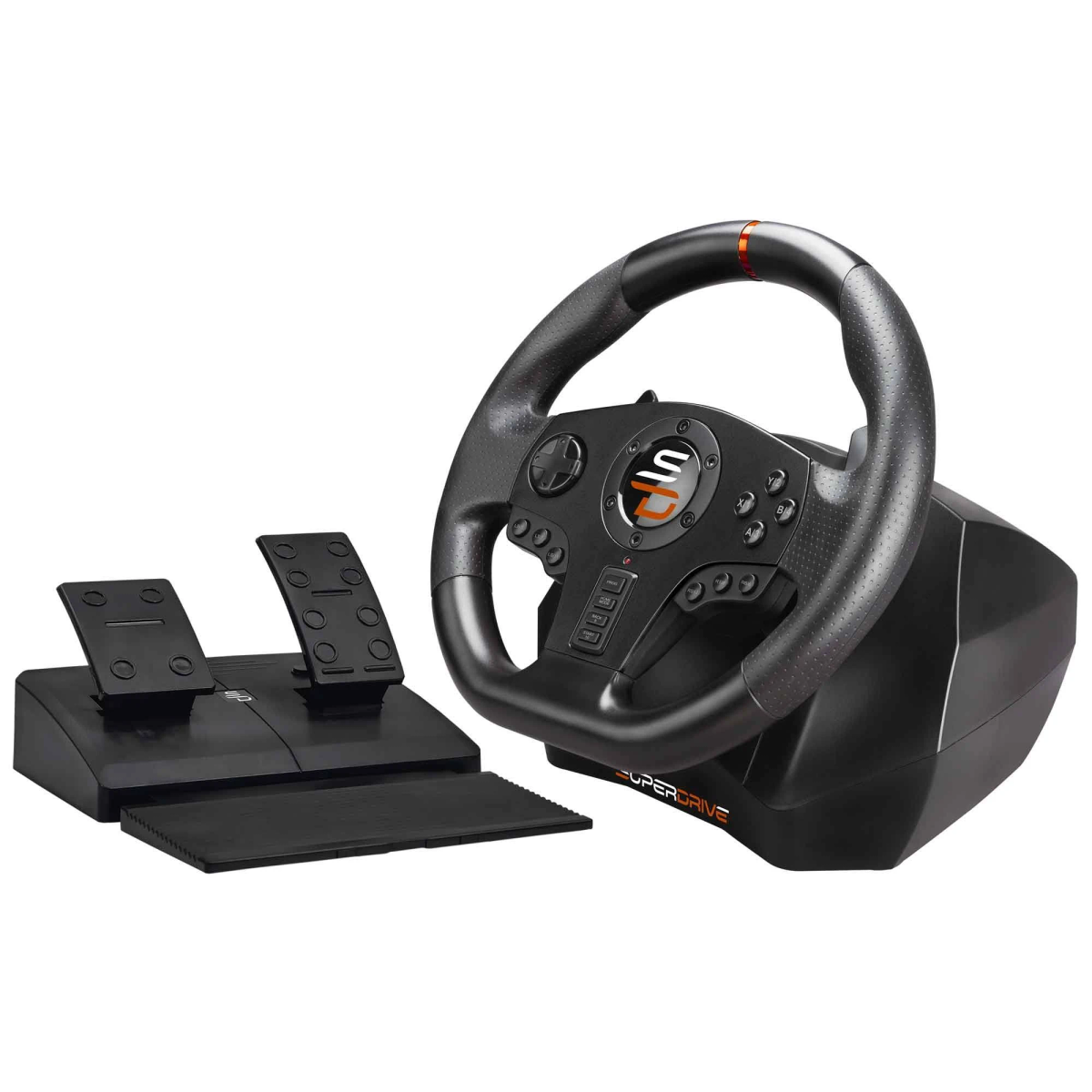 Volante e pedali. Colori nero e grigio. Logo Superdrive. Sfondo bianco.