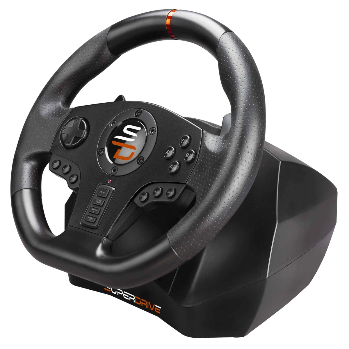 Volante nero e grigio per un gioco di corse, con pulsanti e una base.