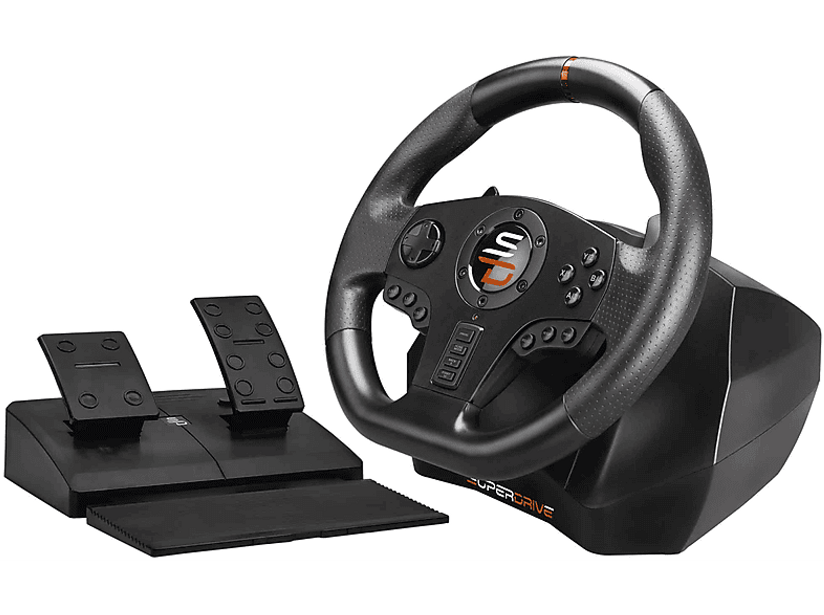 Set volante e pedali da corsa neri. Include volante con pulsanti e pedali separati.