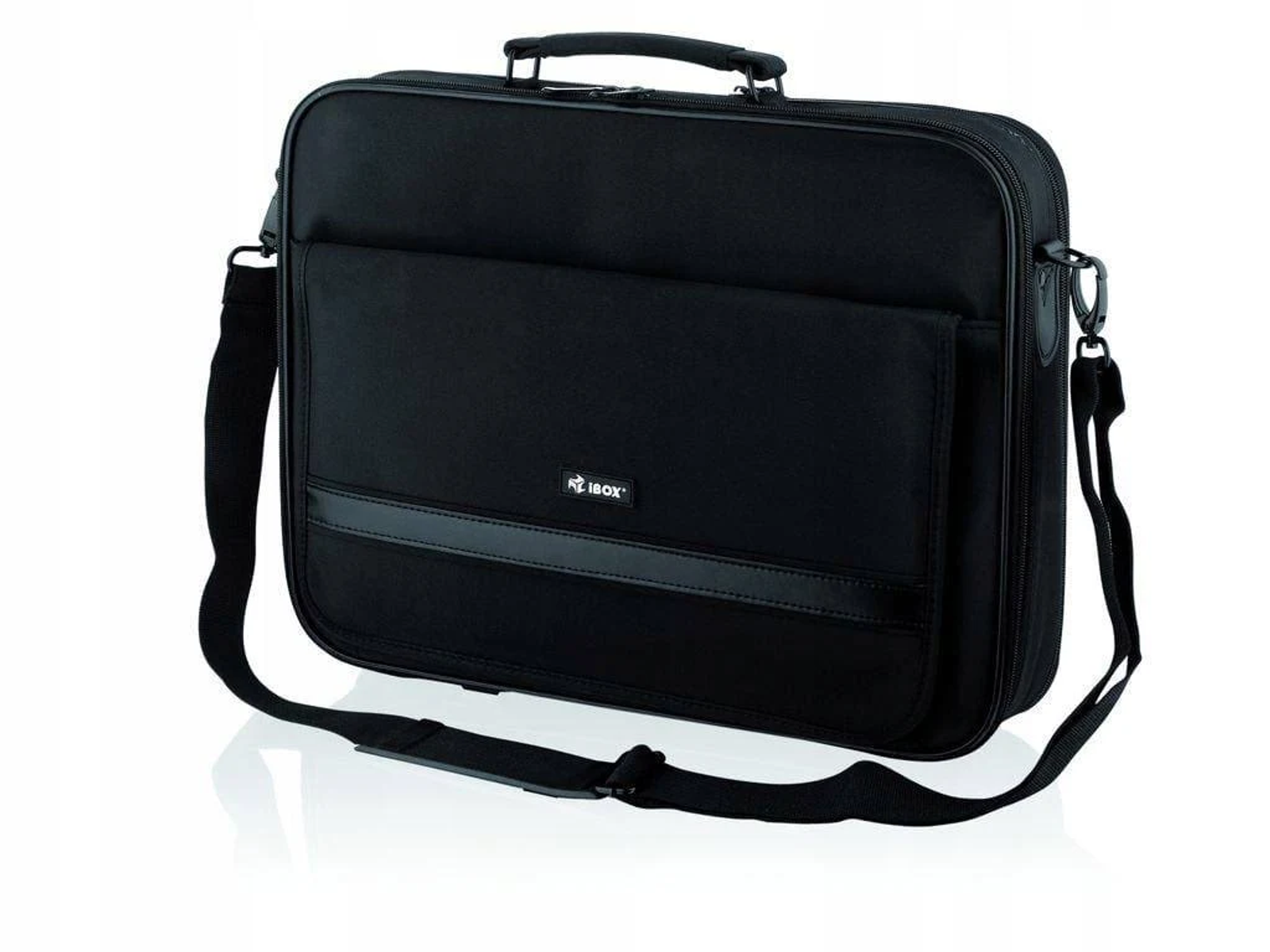 Borsa per laptop nera con tracolla e maniglia. Tasca frontale visibile.
