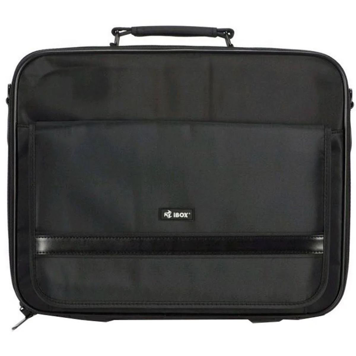 Borsa nera per laptop con tasca frontale e manico. La borsa presenta il logo 'iBOX'.