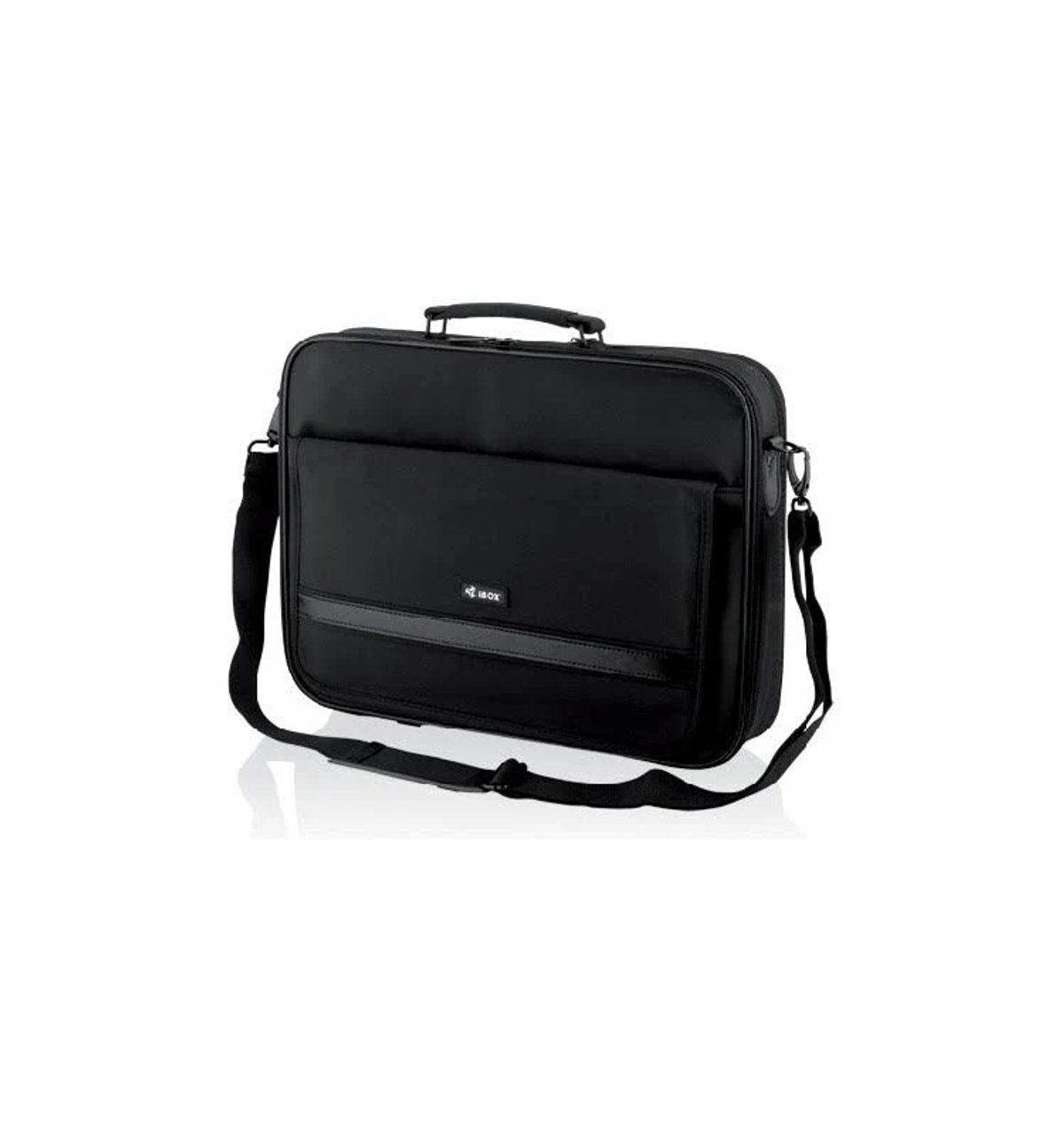 Borsa per laptop nera con tracolla e maniglia.