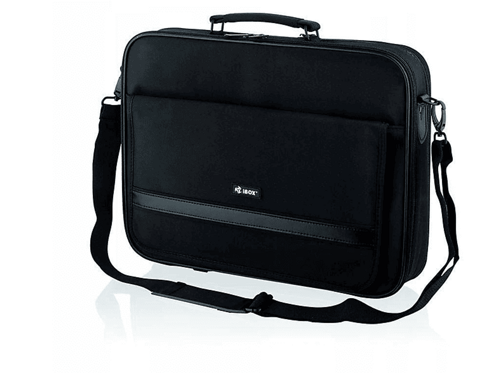 Una borsa nera per laptop con maniglia e tracolla. Ha una tasca frontale e una cinghia nera.
