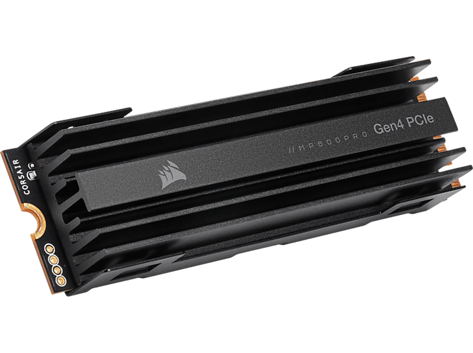 SSD Corsair negra. Tiene un diseño acanalado con la etiqueta 'Gen4 PCIe'. Conectores dorados en el lateral.