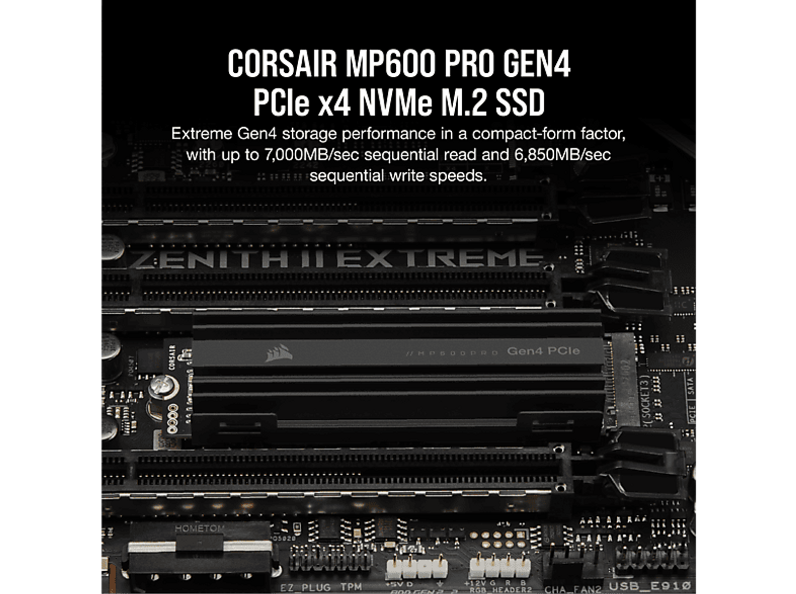 Primer plano de una SSD Corsair MP600 Pro Gen4 PCIe x4 NVMe M.2 instalada en una placa base de computadora.