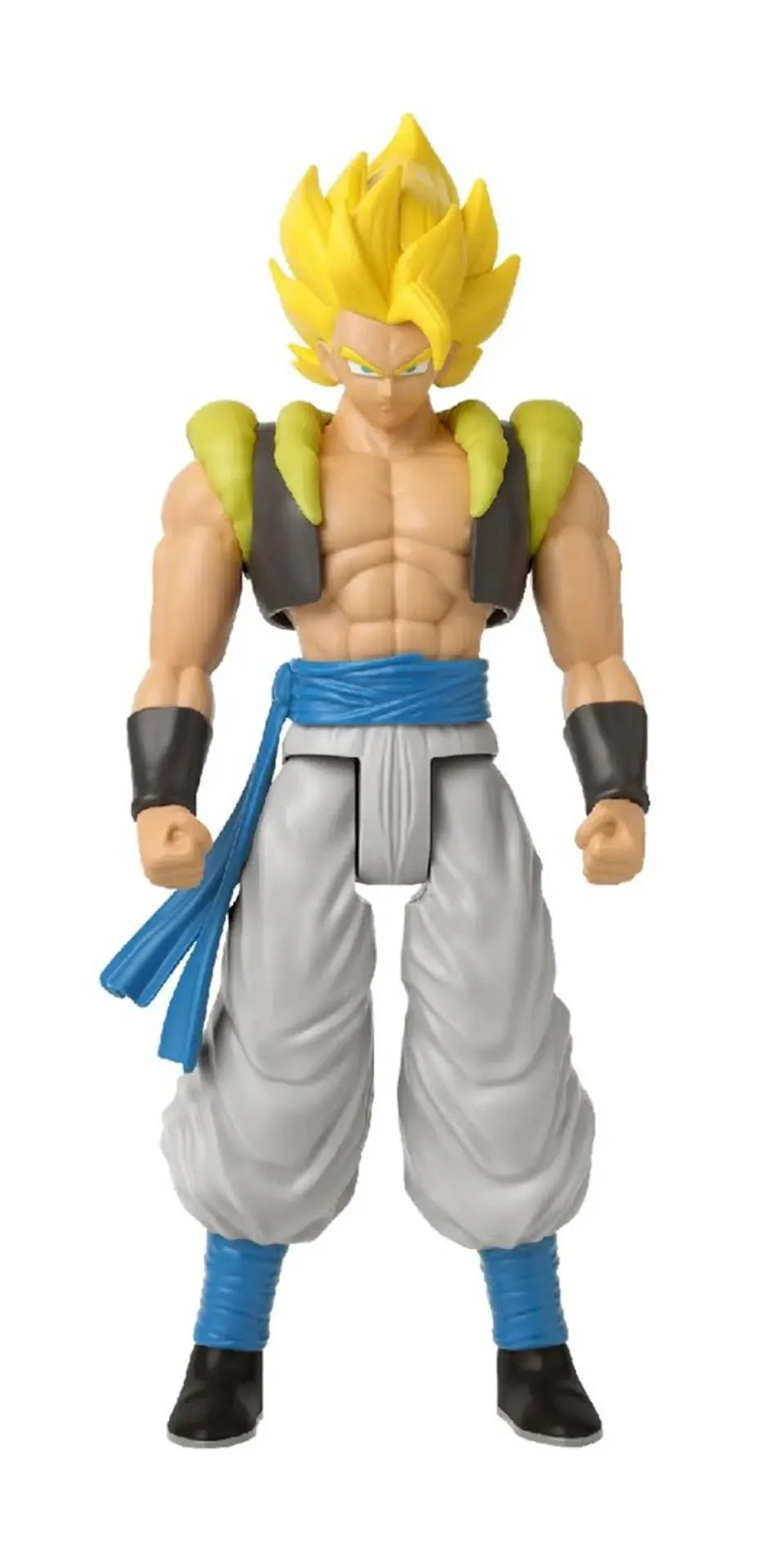 Gogeta Actionfigur, gelbe Haare, blauer Gürtel und graue Hose. Muskulöser Körperbau.