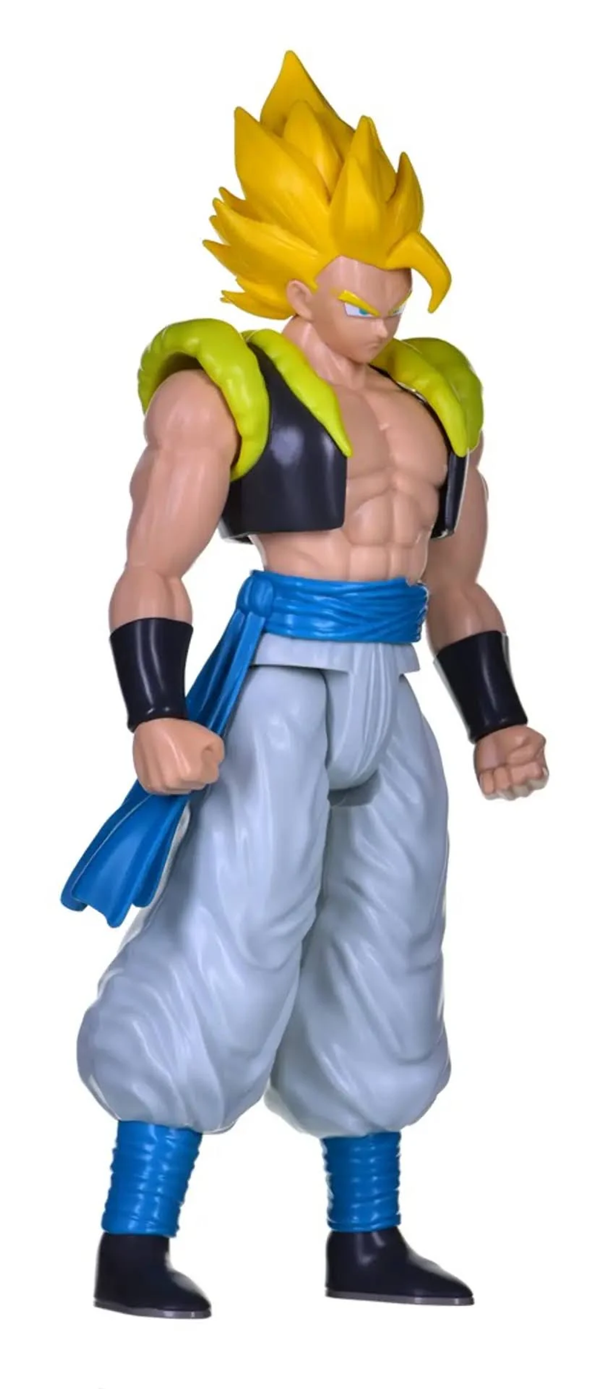 Gogeta Actionfigur in Kampfstellung, gelbe Haare, blau-weißes Outfit, schwarze Akzente.
