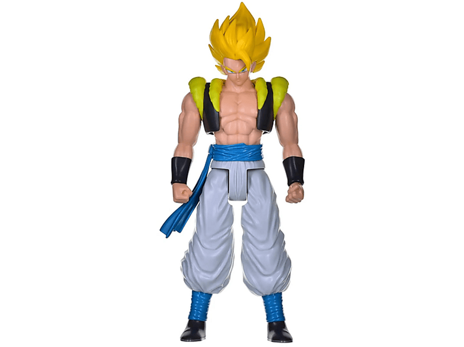Gogeta-Spielzeugfigur, gelbe Haare, blaue Hose, schwarze und gelbe Kleidung, stehend.