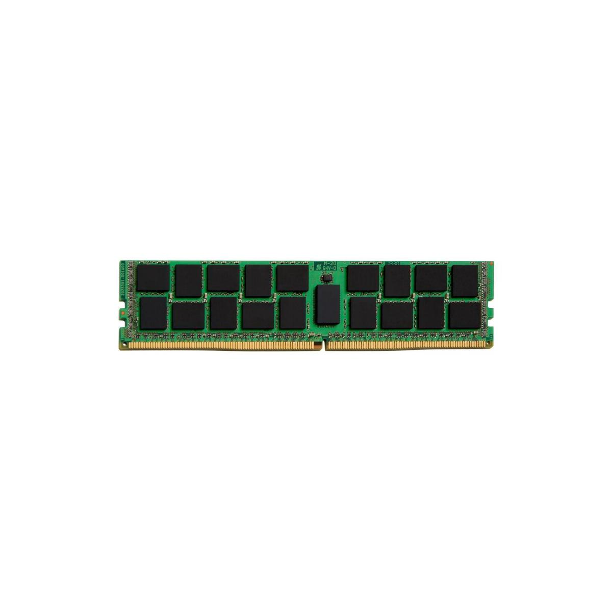 Une barrette de mémoire RAM avec des puces noires sur une carte de circuit imprimé verte.