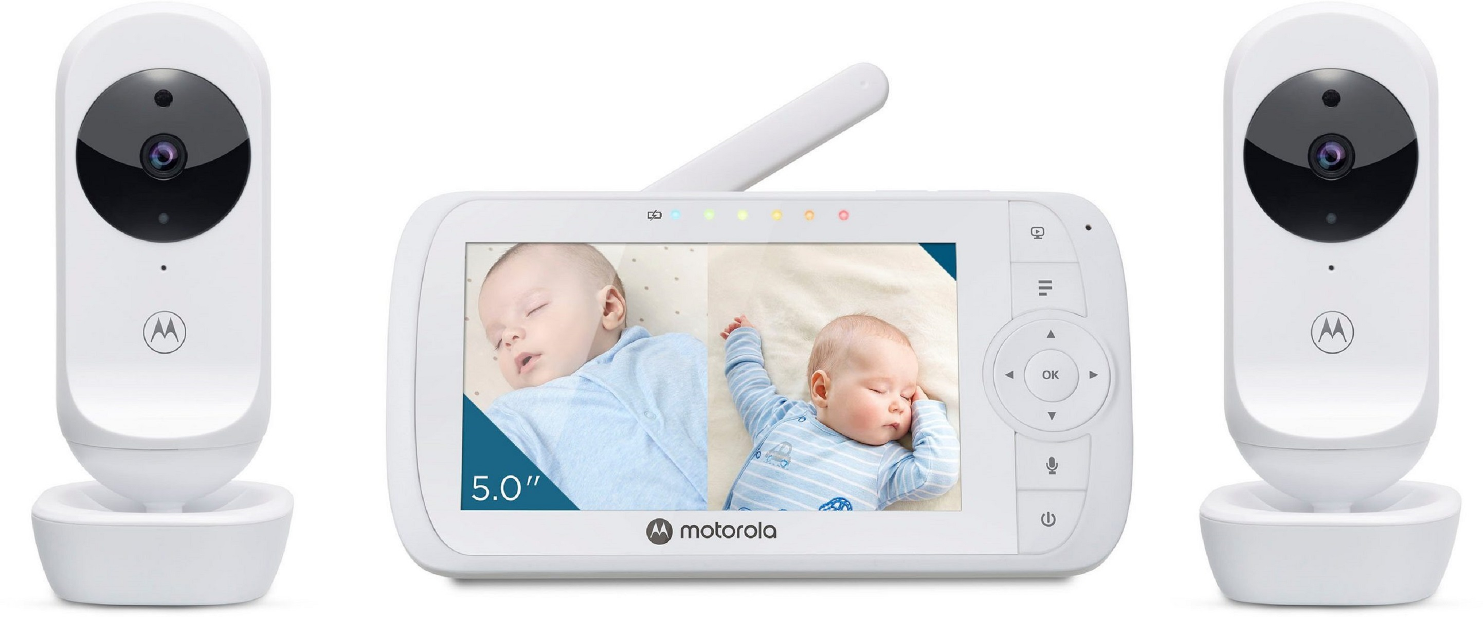 Baby monitor set with two cameras and a screen displaying two sleeping babies.