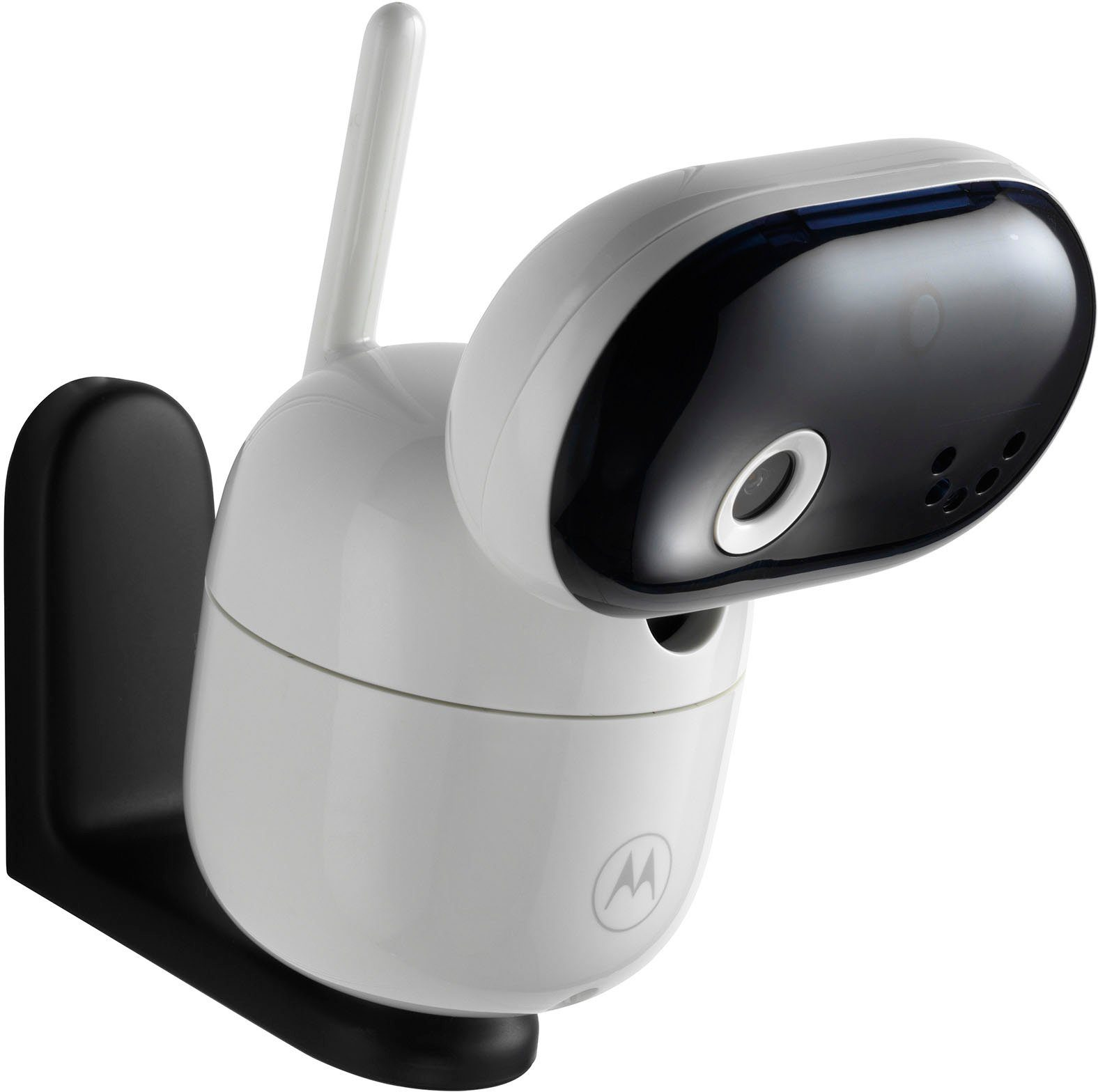 A white and black baby monitor. It is mounted on a black wall bracket and has an antenna.