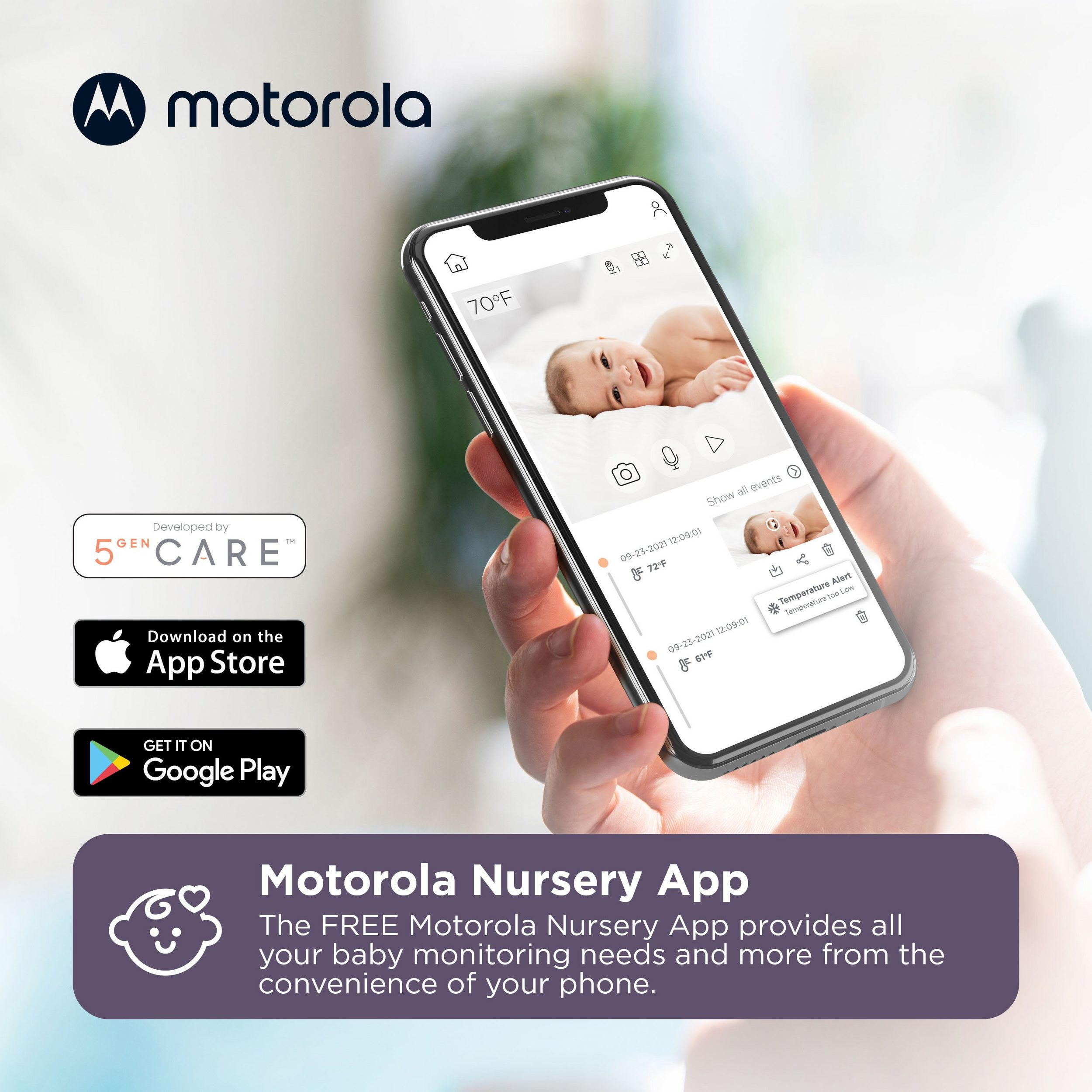 Motorola Nursery App auf dem Telefon, zeigt Baby im Bett und App-Download-Icons.