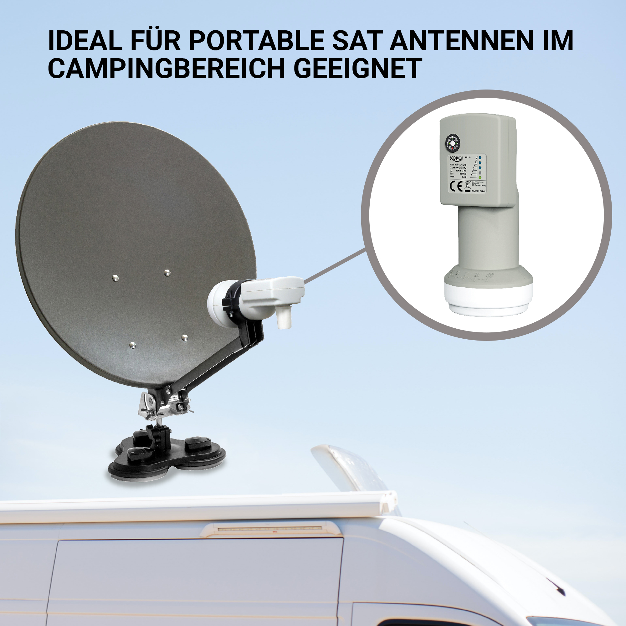 Eine Satellitenschüssel auf einem Fahrzeug montiert. Der Einsatz zeigt eine Nahaufnahme des Empfängers.