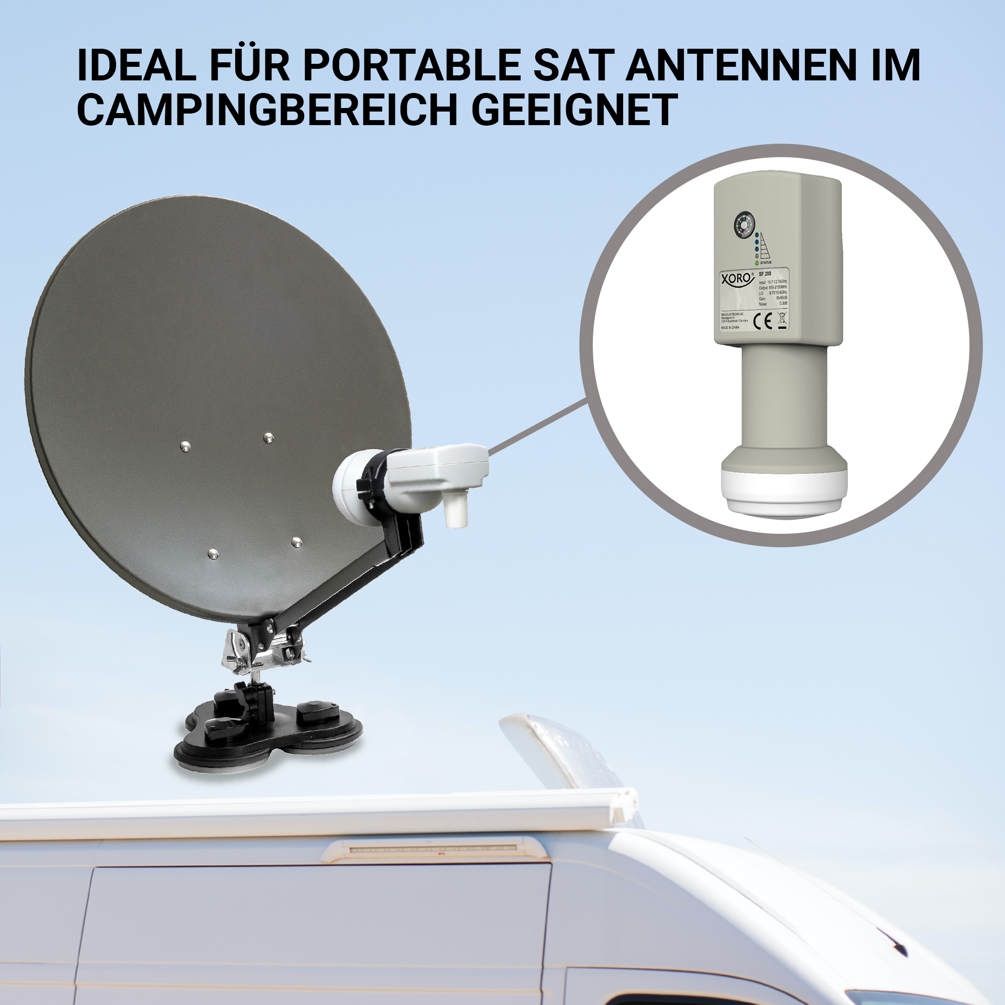 Eine Satellitenantenne an einem Fahrzeug montiert. Sie zeigt eine Nahaufnahme des Empfängers und ein Diagramm.
