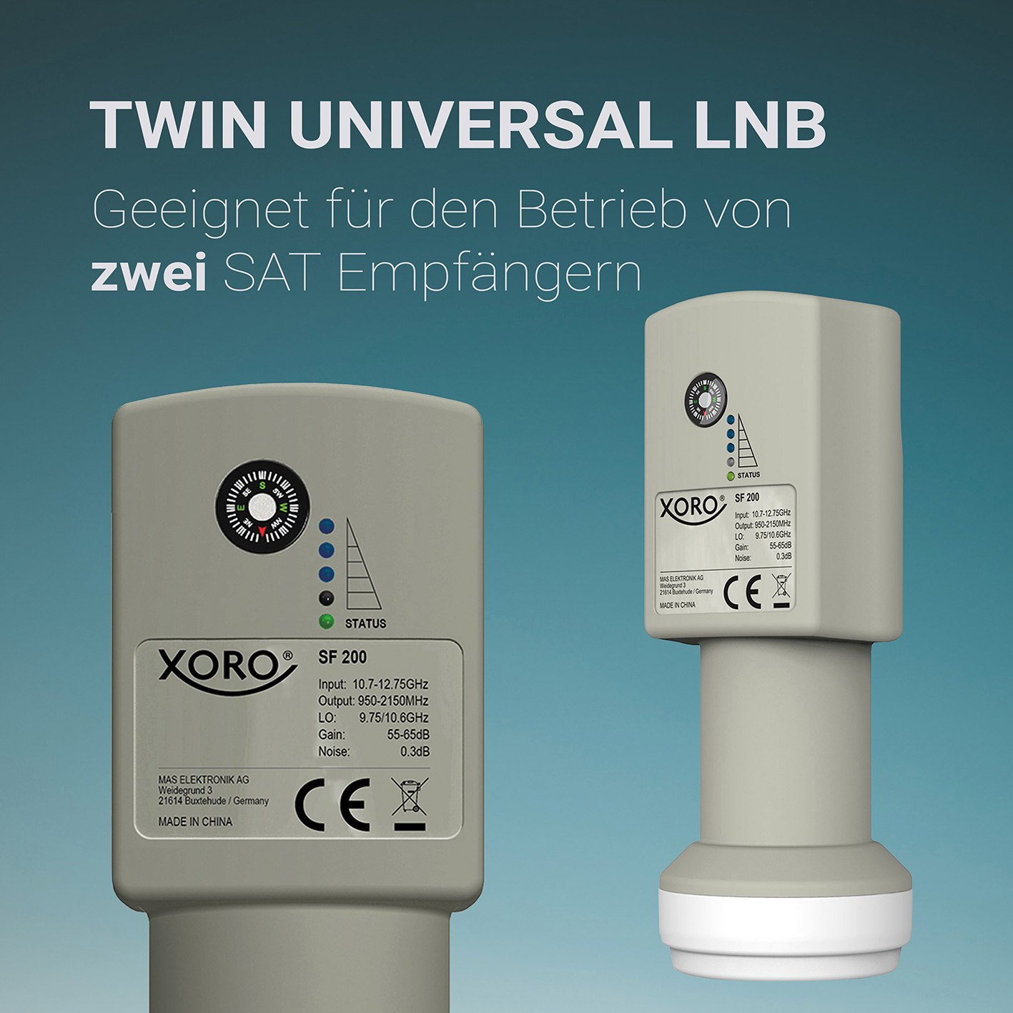 Zwei Satellitenempfänger nebeneinander. Text auf Deutsch ist auf beiden vorhanden.