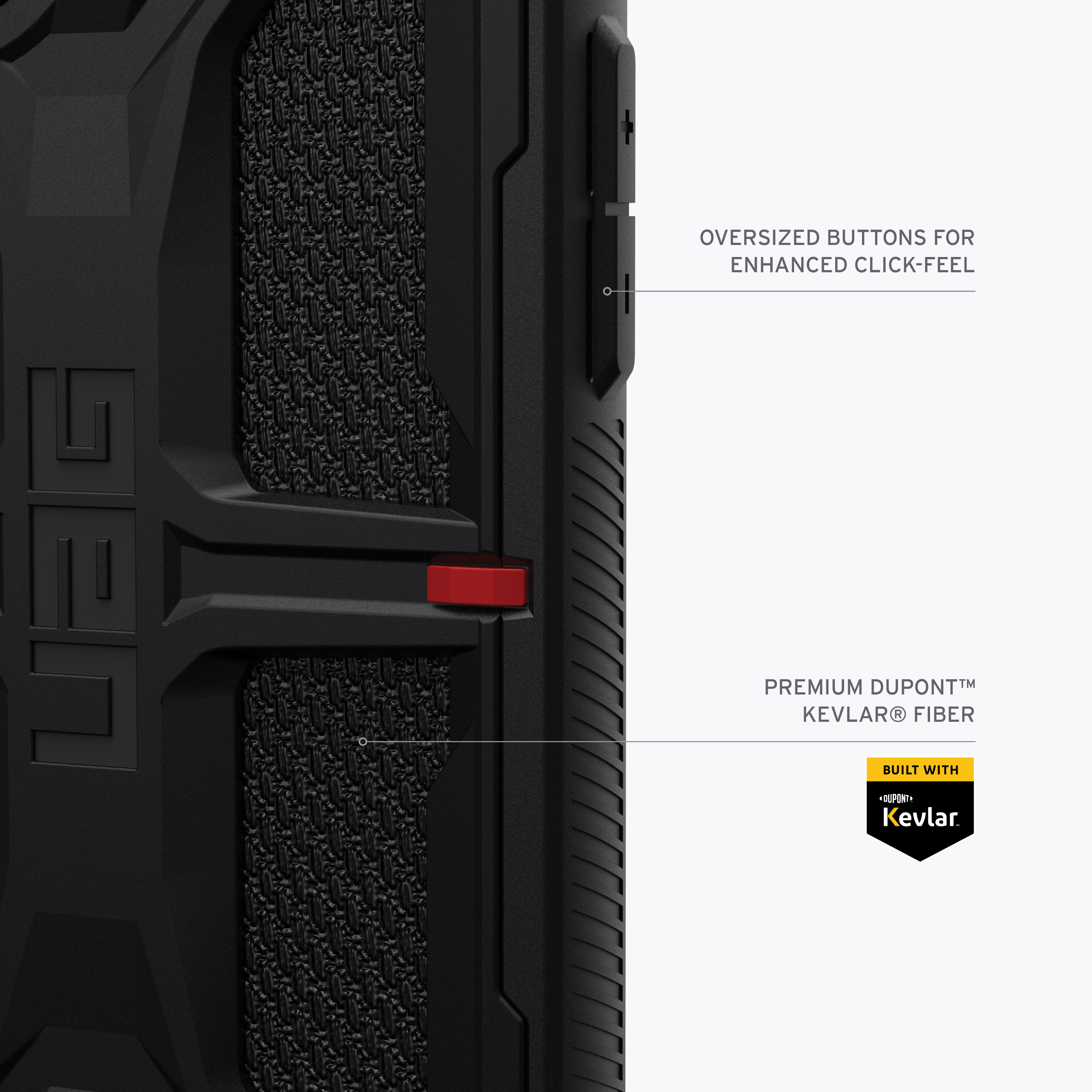 Custodia per telefono nera con motivo testurizzato e pulsante rosso. Include testo e marchio Kevlar.