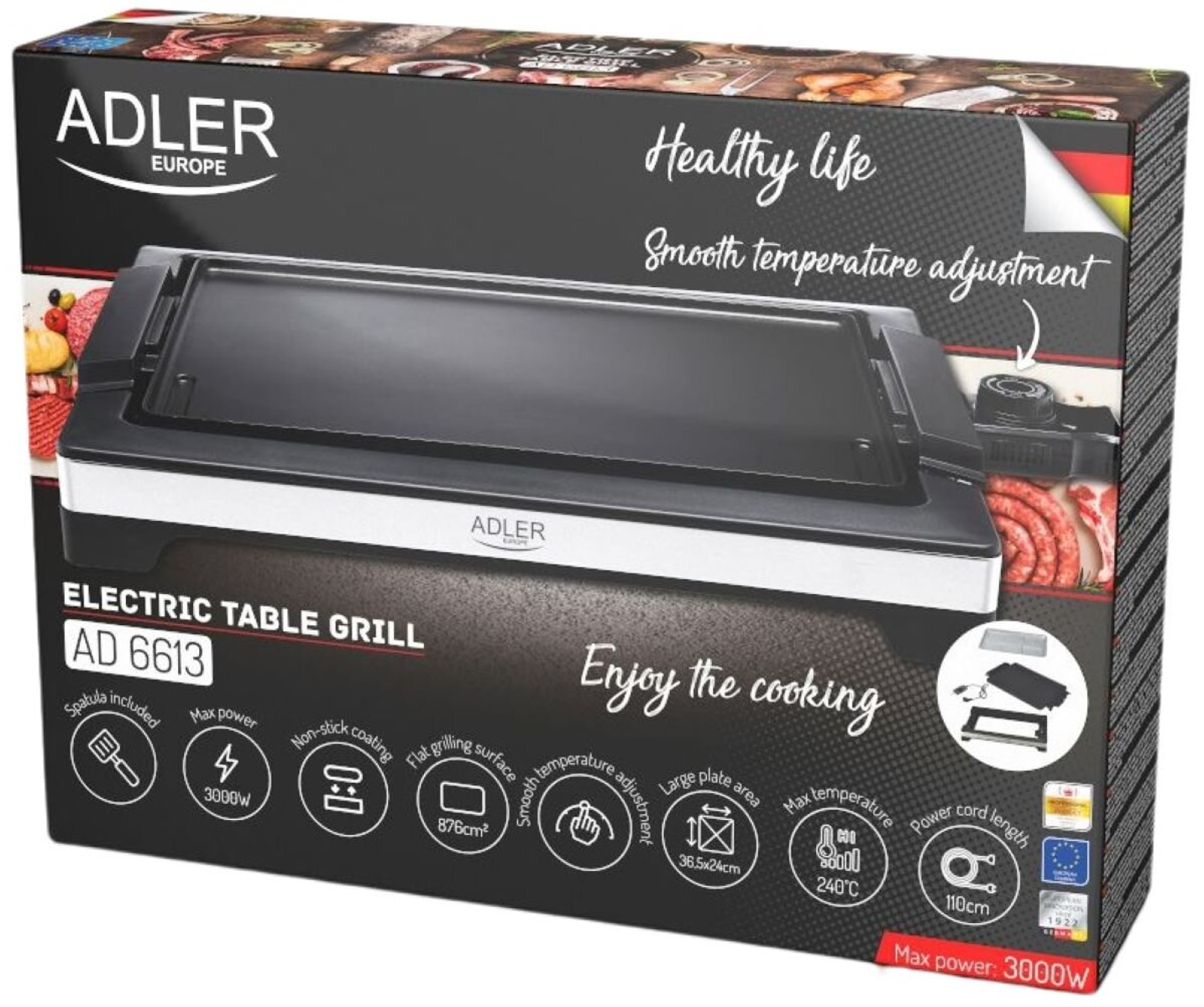Karton eines elektrischen Tischgrills, mit Produktbild und Text. Enthält Funktionen und Branding.
