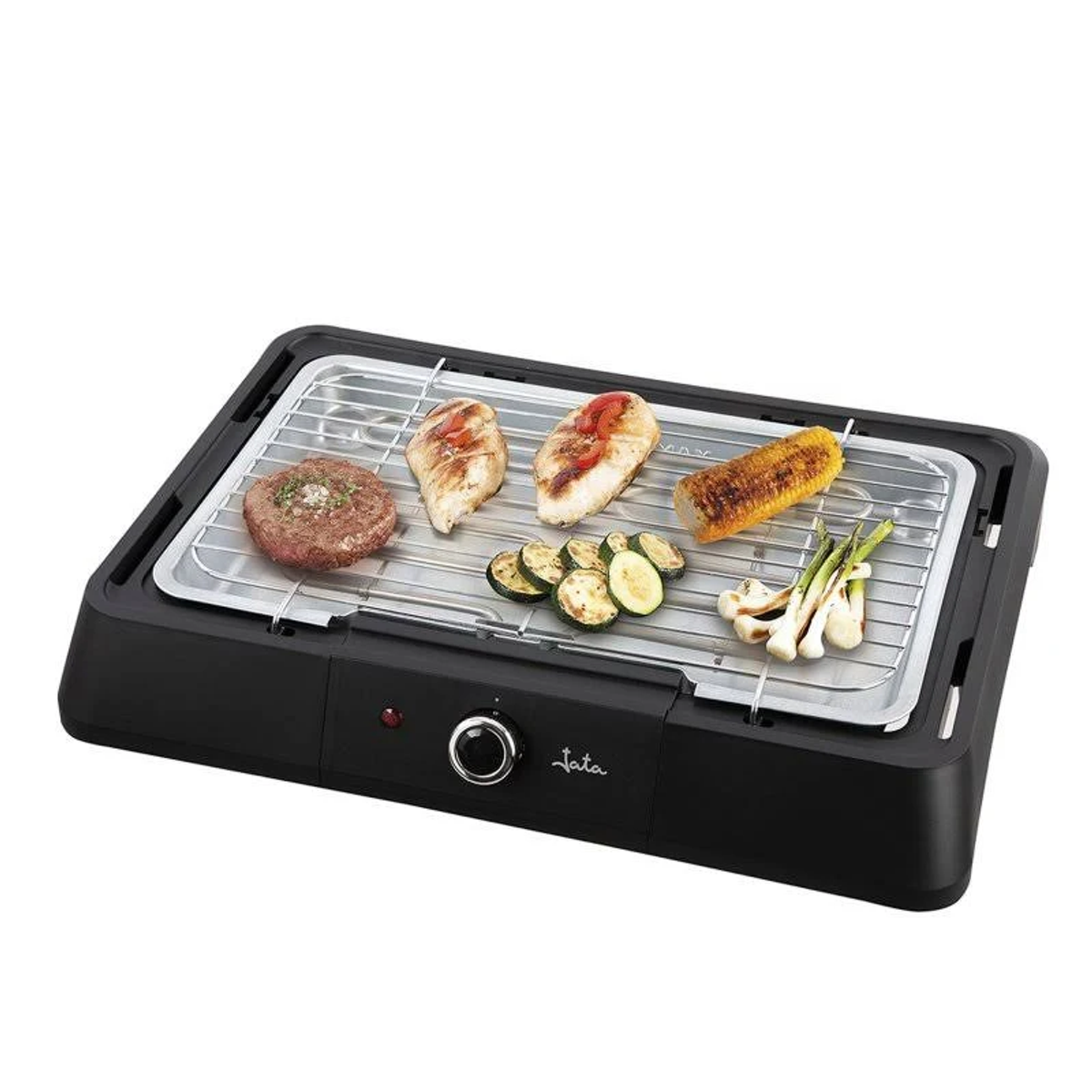Griglia elettrica nera con cibo come hamburger, pollo, mais e verdure sopra.