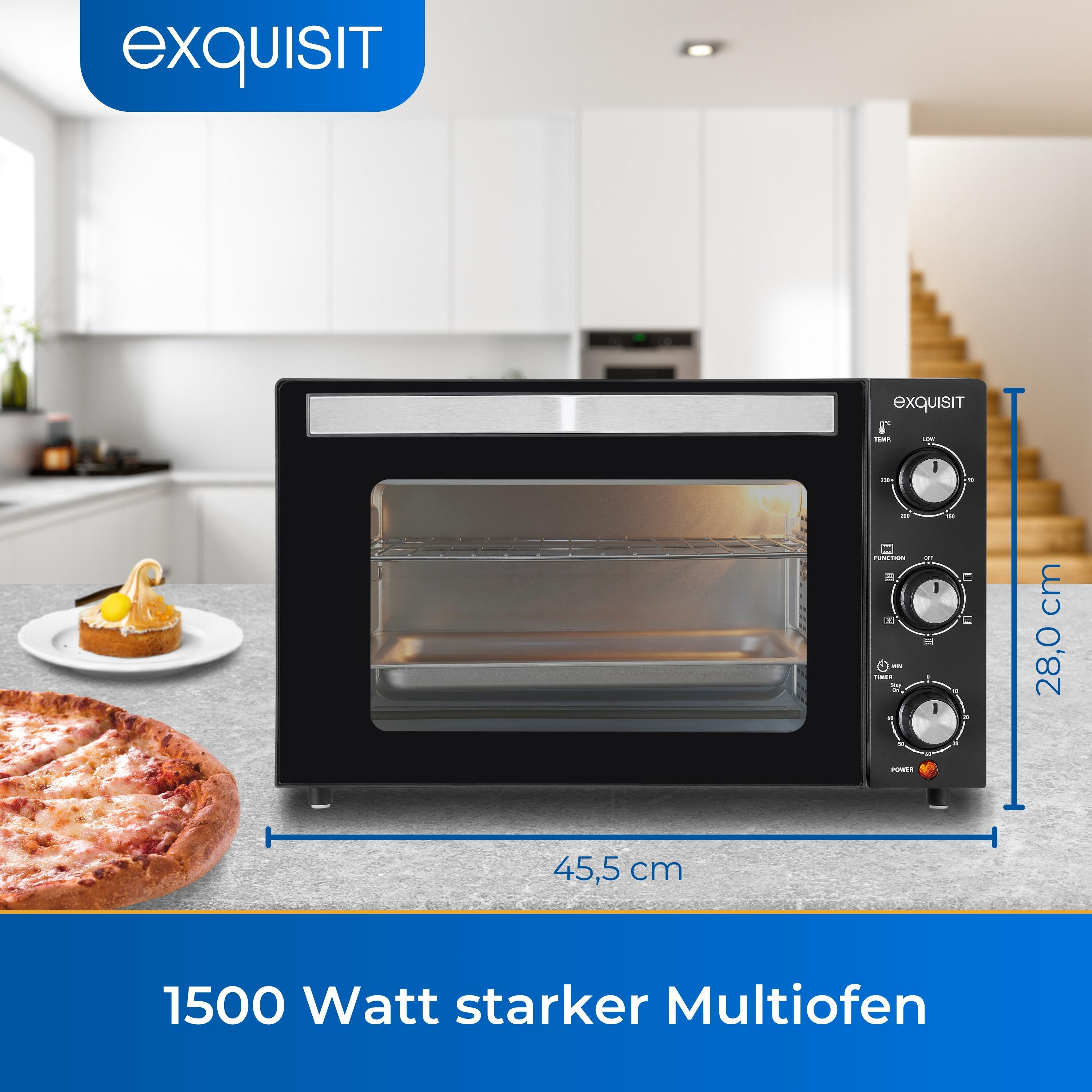 Schwarzer Exquisit-Multiofen auf einer Theke mit Pizza und Kuchen, Abmessungen angezeigt. Weißer Küchenhintergrund.