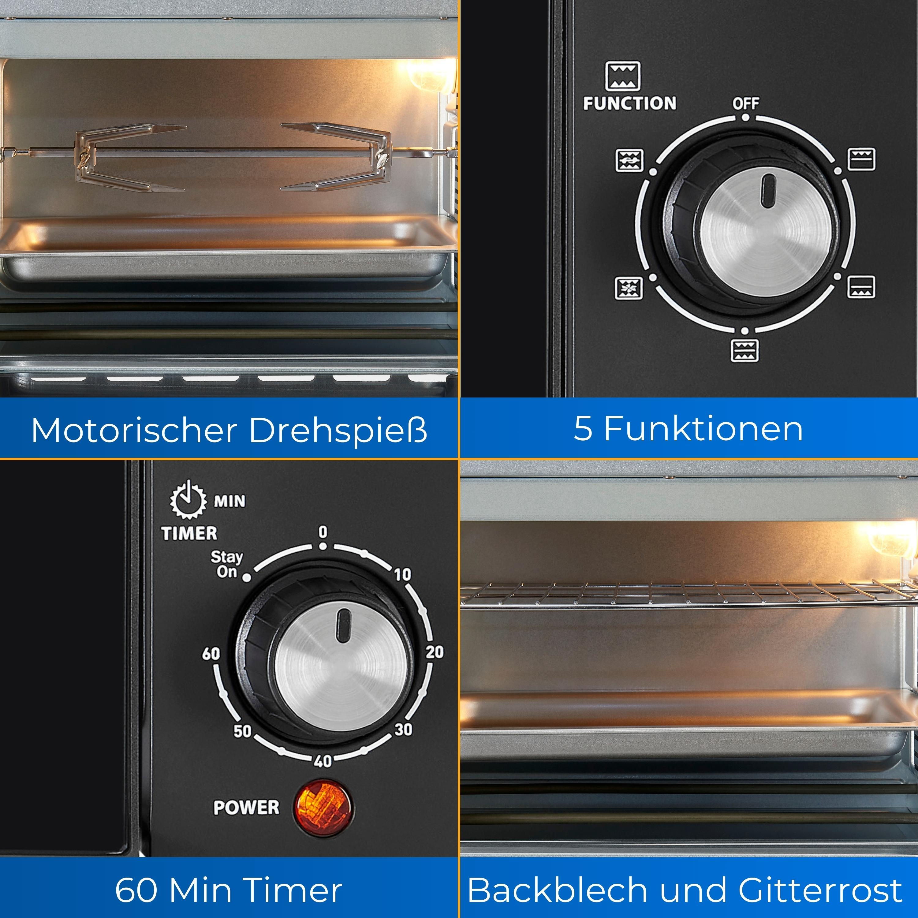 Nahaufnahme des Innenraums und der Bedienelemente eines Mikrowellenherds. Enthält Timer, Funktionswahl und Funktionen.