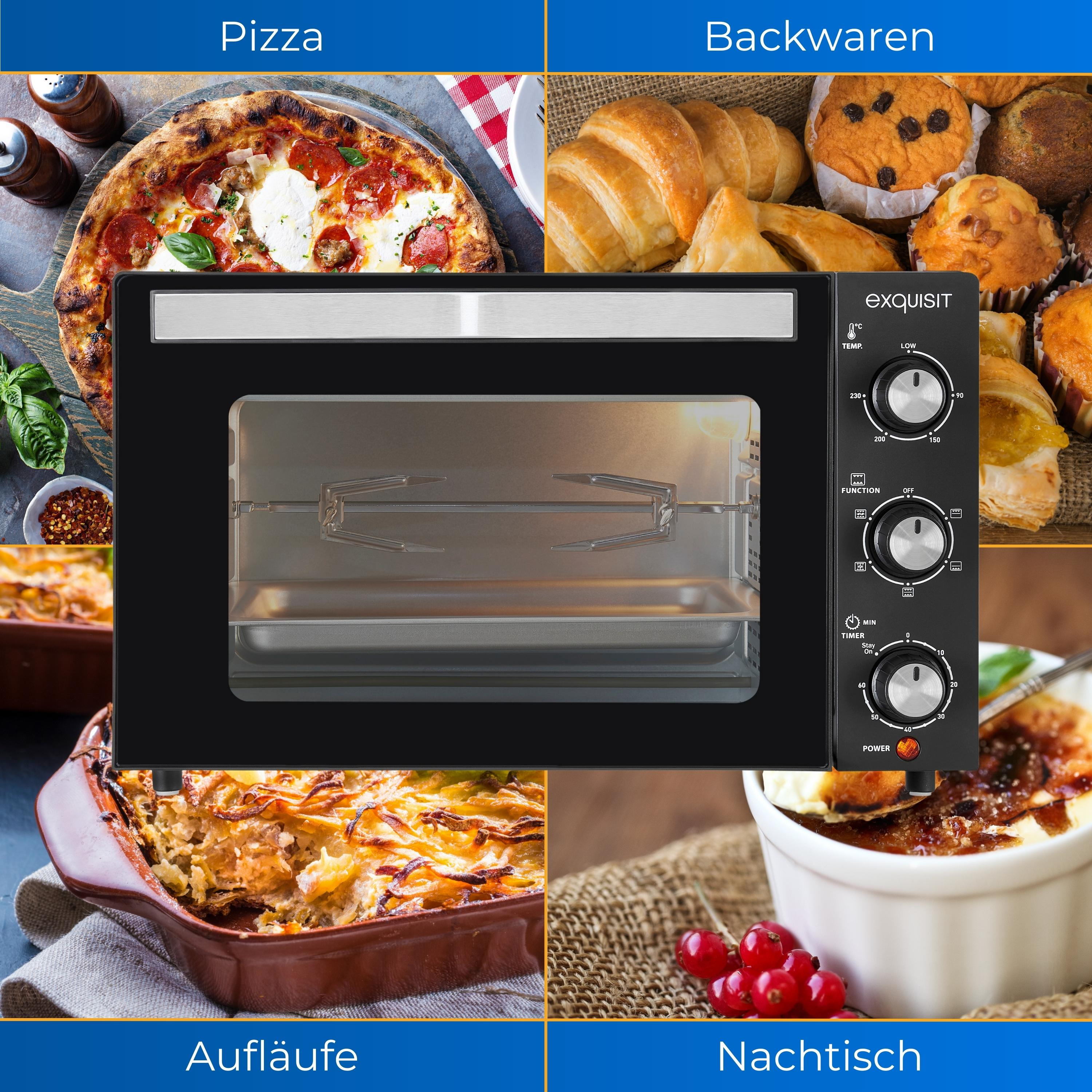 Ofen mit vier Essensbildern. Pizza, Backwaren, Aufläufe und Dessert.