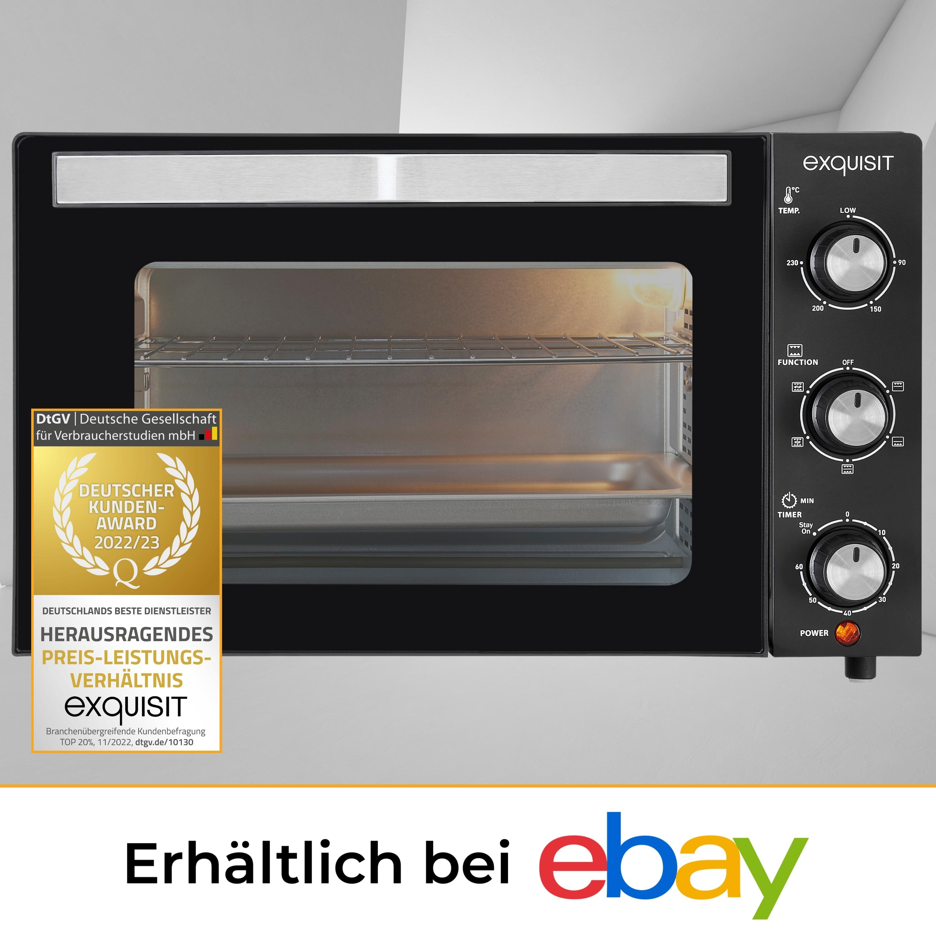 Schwarzer Exquisit-Ofen. Bedienelemente rechts. Deutscher Kundenpreis-Aufkleber. Weißer Hintergrund.