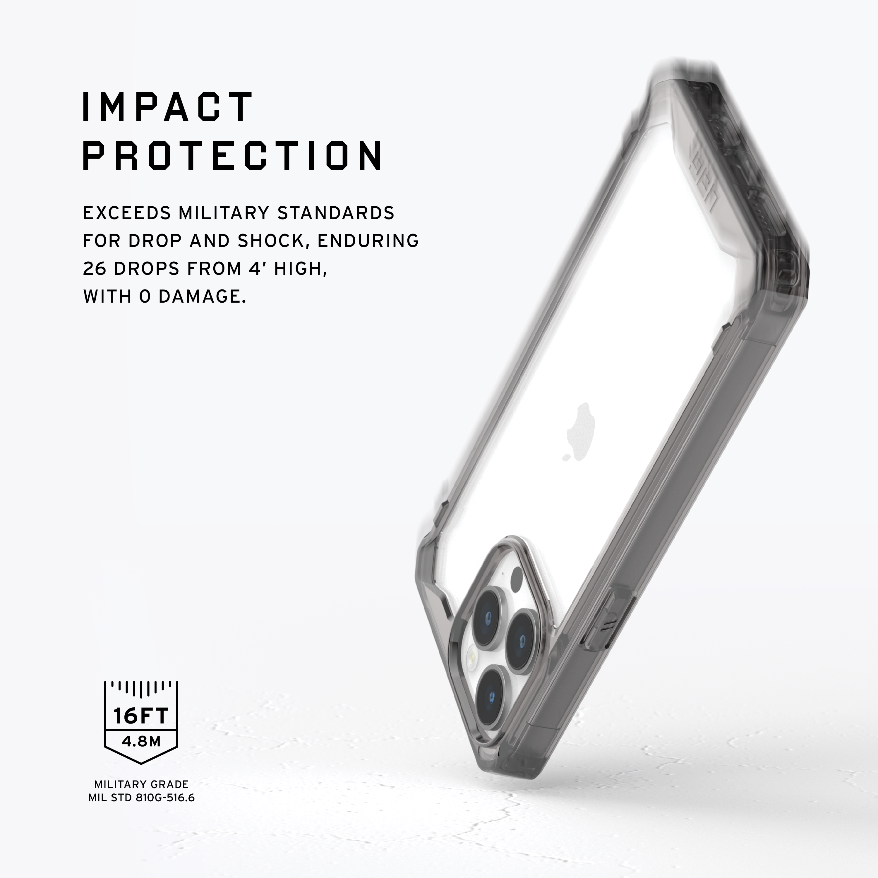 Transparente Handyhülle. Zeigt ein Telefon im Inneren. Text lautet: Impact Protection, Military Grade.