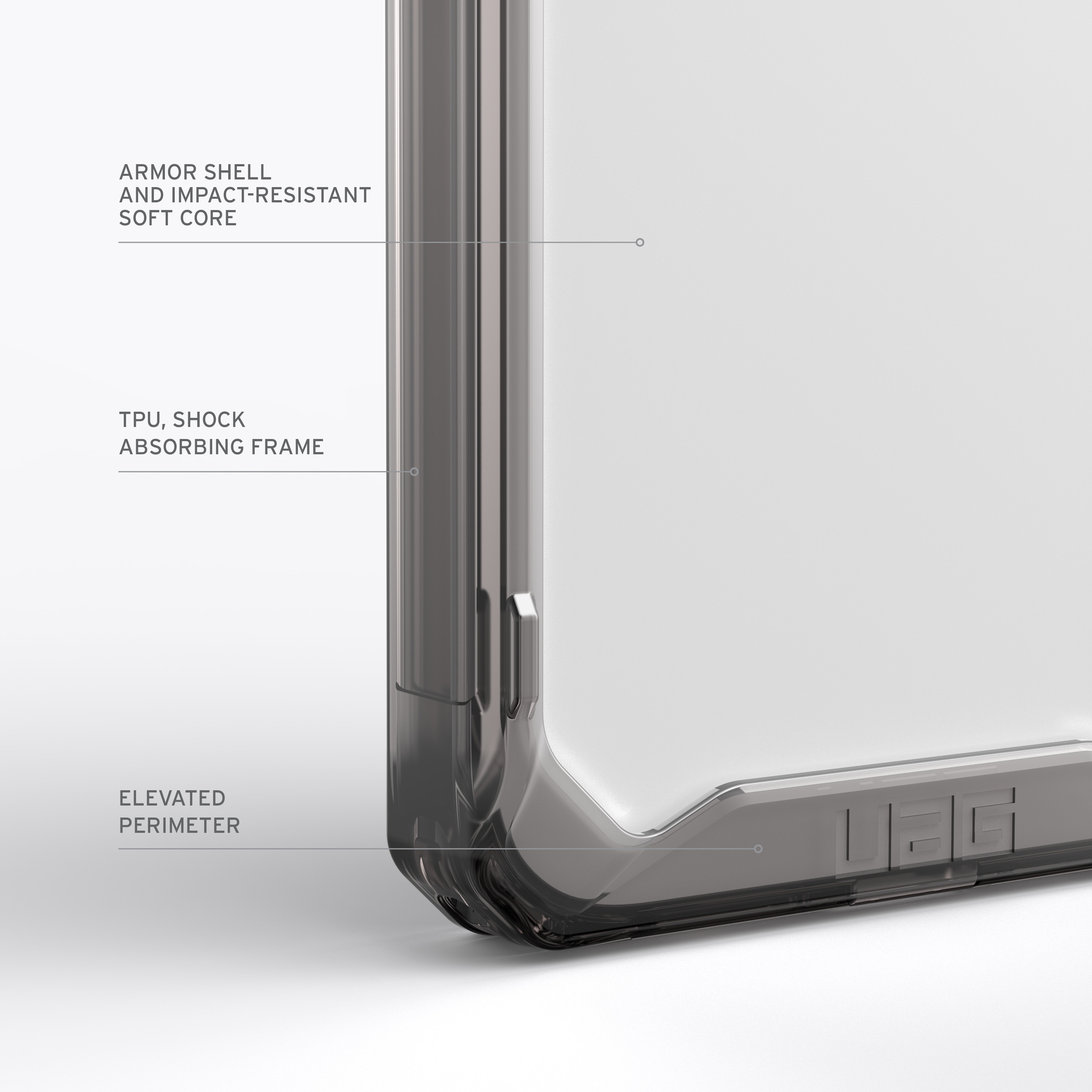 Detail einer transparenten Handyhülle mit Texten: Armor Shell, Soft Core, stoßabsorbierender Rahmen und erhöhter Umfang.