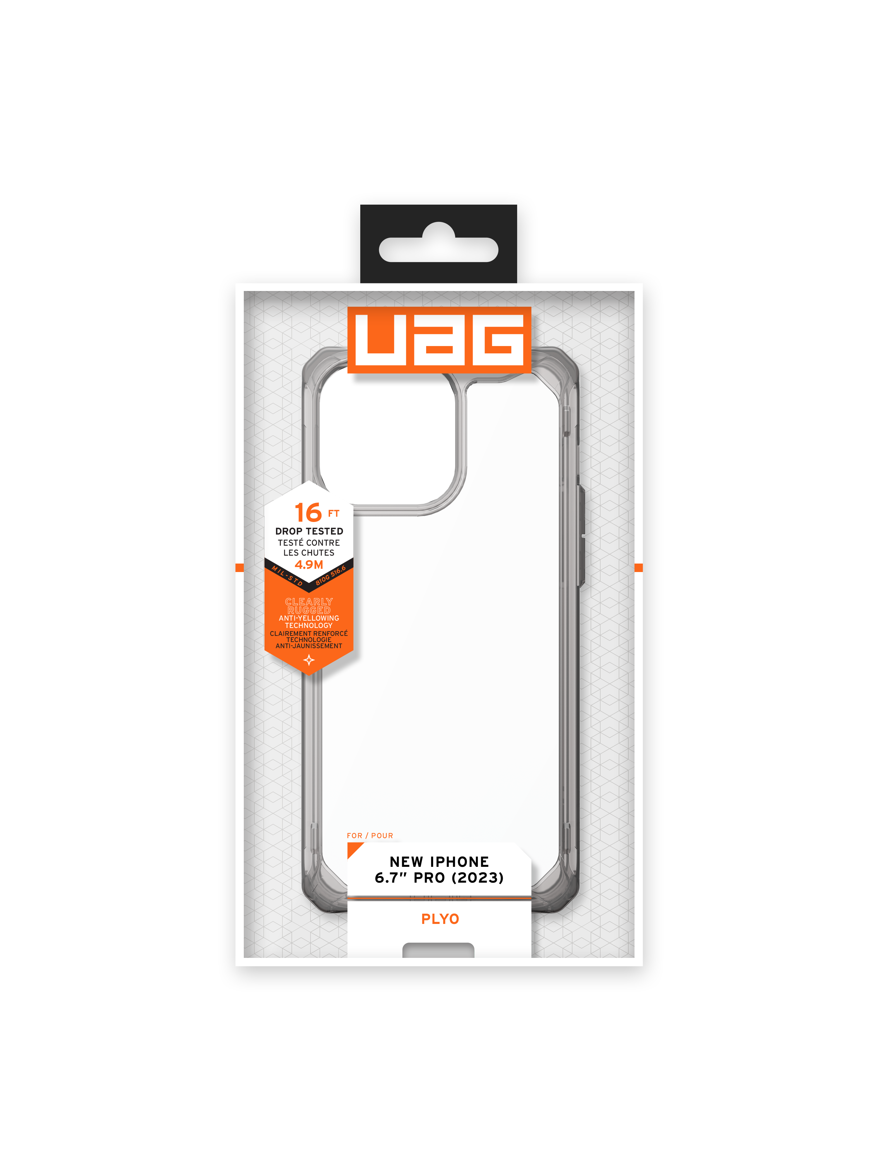 UAG New iPhone 6.7" Pro (2023) transparente Handyhülle in Verpackung mit schwarzem Aufhänger.