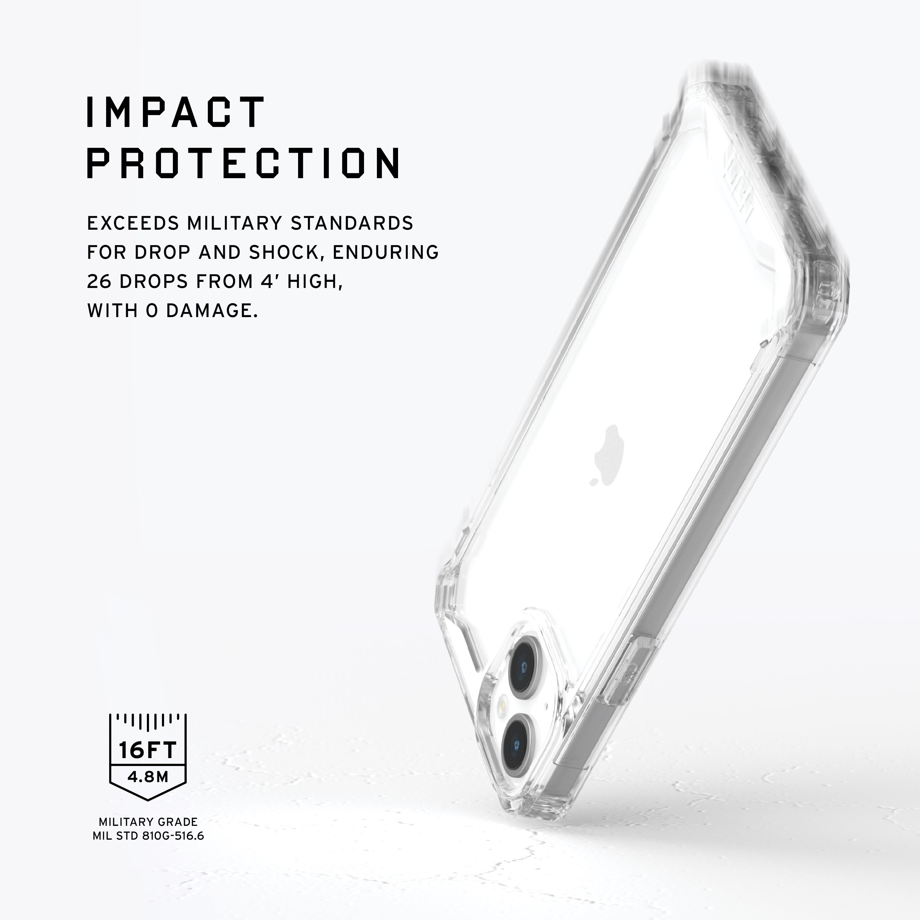 Custodia trasparente per telefono che protegge un telefono, il testo indica le caratteristiche di protezione dagli urti e l'altezza.