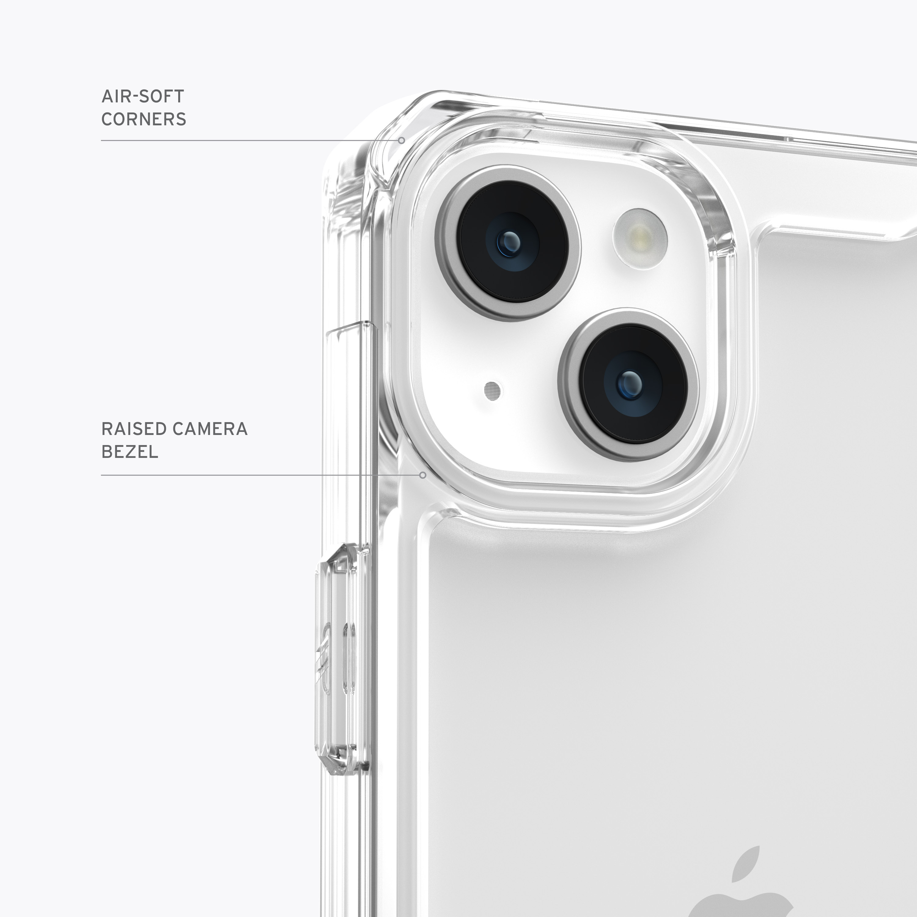 Primo piano di una custodia trasparente per telefono con un telefono all'interno. Obiettivi della fotocamera e dettagli della custodia.