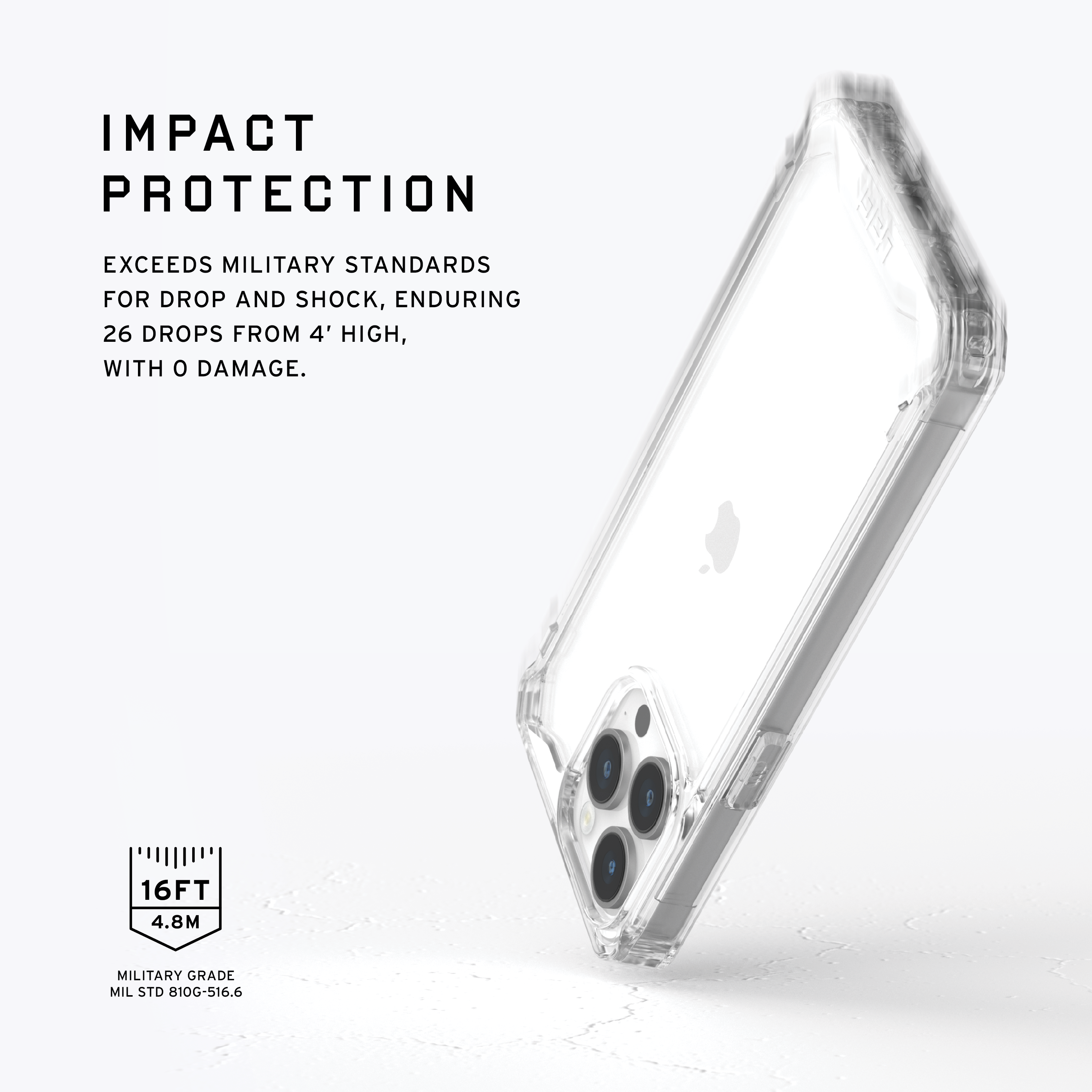 Una custodia trasparente per telefono con la scritta 'Impact Protection' e '16FT'. È trasparente.