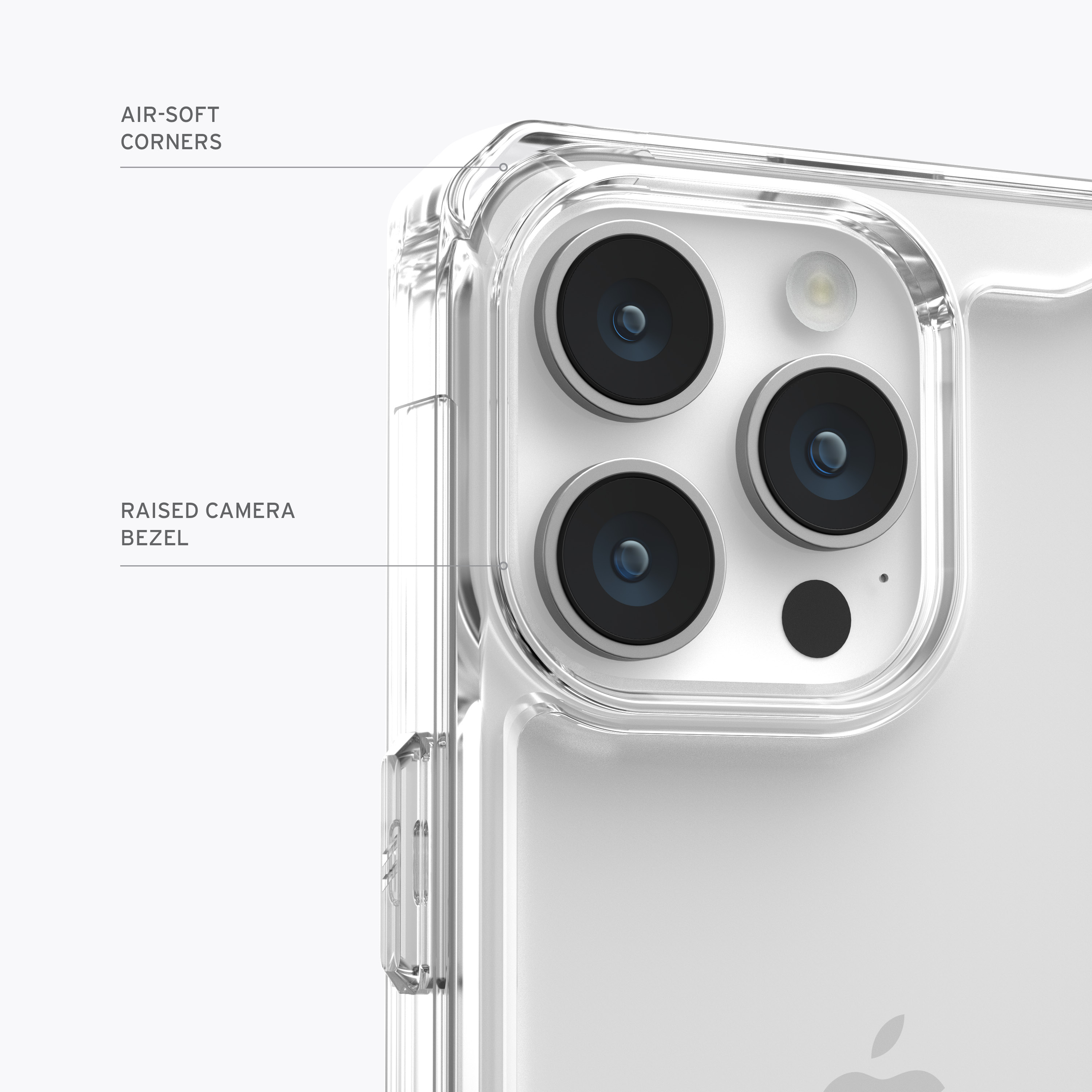 Primo piano della custodia del telefono, con lenti della fotocamera e logo Apple.