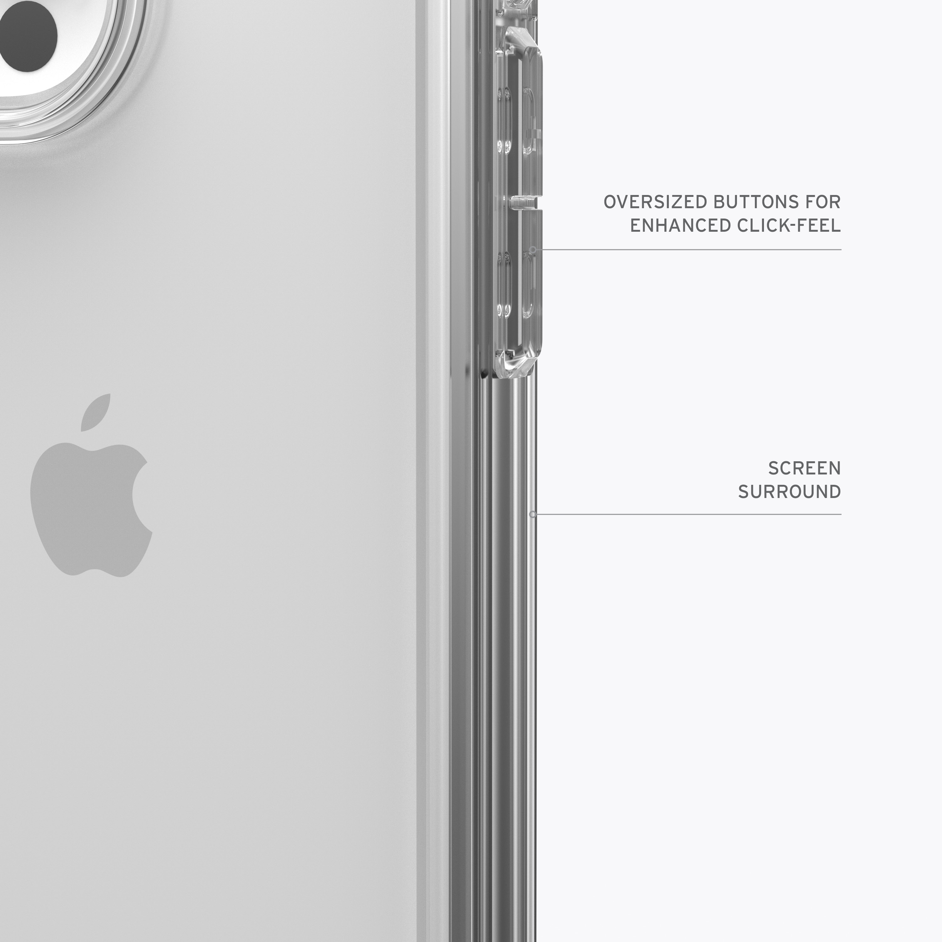 Primo piano di una custodia trasparente per telefono. Mostra i pulsanti e il logo Apple. Testo: 'Tasti grandi'.