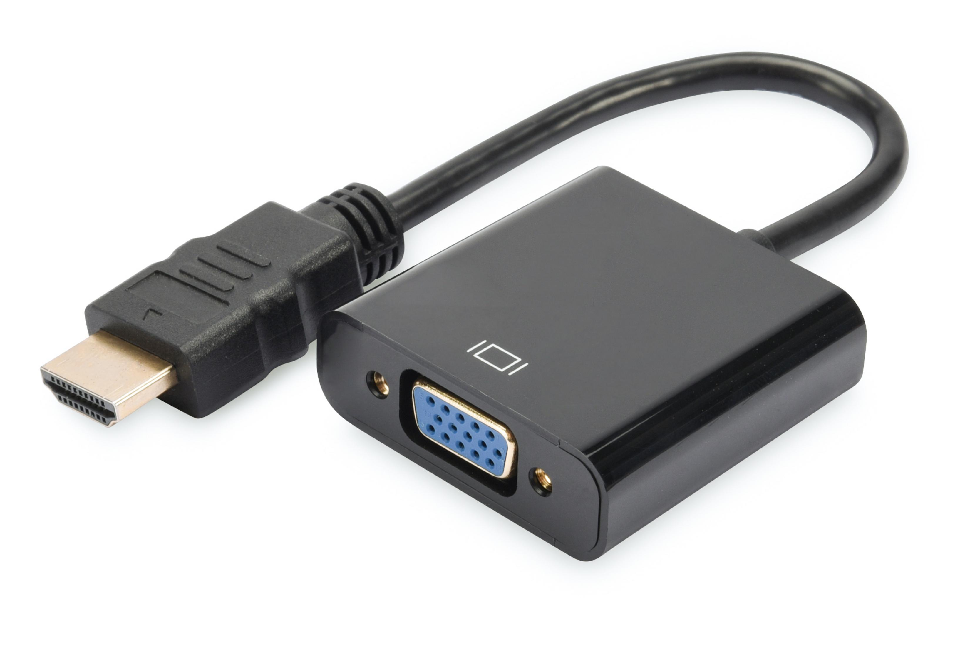 Ein HDMI-zu-VGA-Adapter mit HDMI- und VGA-Anschluss und einem schwarzen Kabel.
