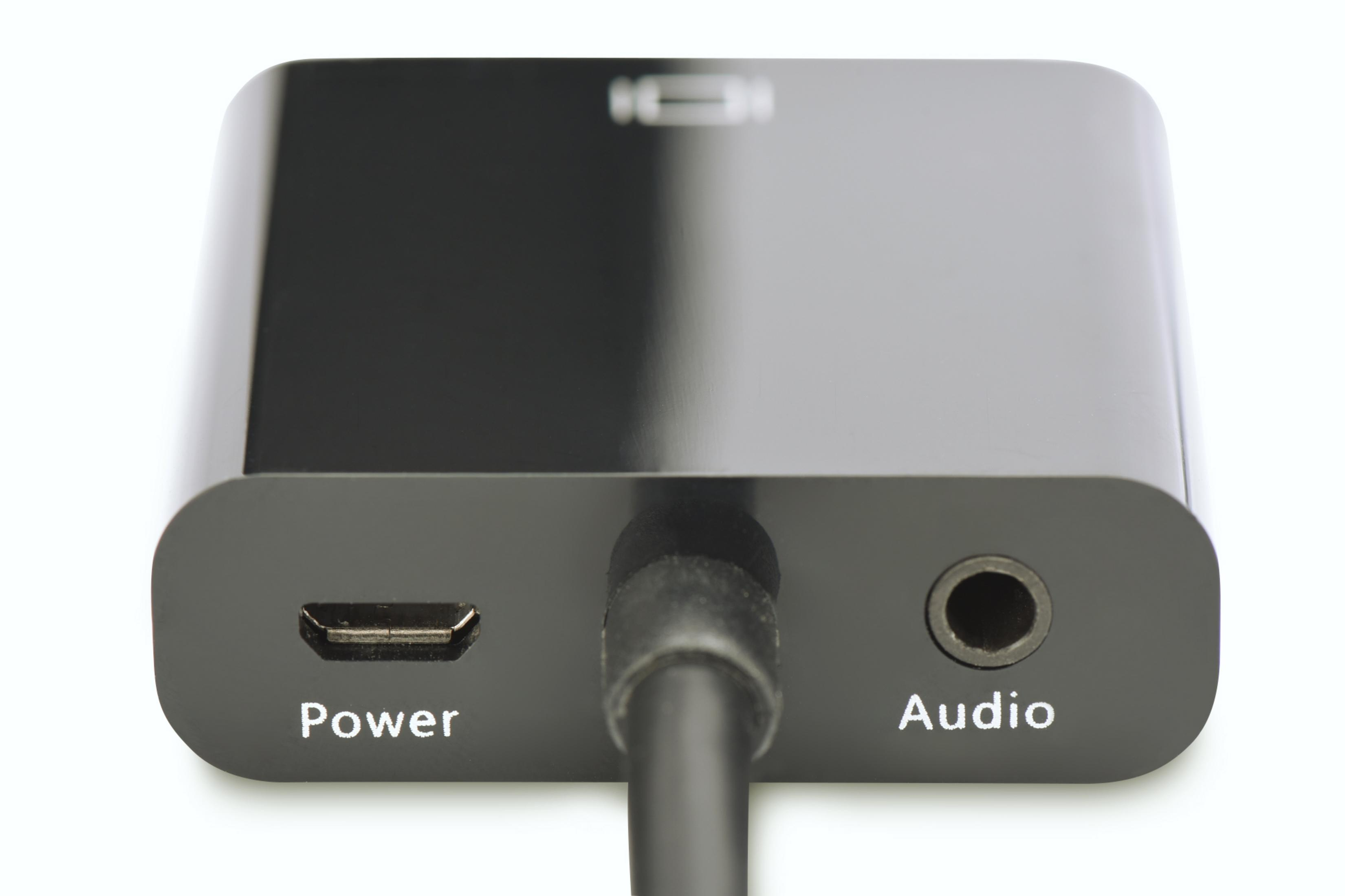 Schwarzer HDMI-Adapter mit Strom- und Audioanschlüssen, an einem Kabel, weißer Hintergrund.