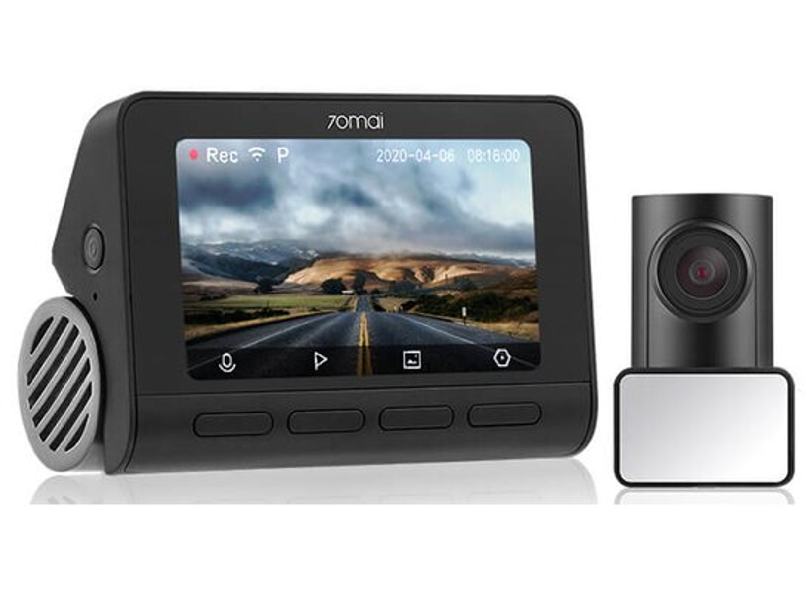 Eine schwarze Dashcam mit Bildschirm und einem sekundären Kameramodul.