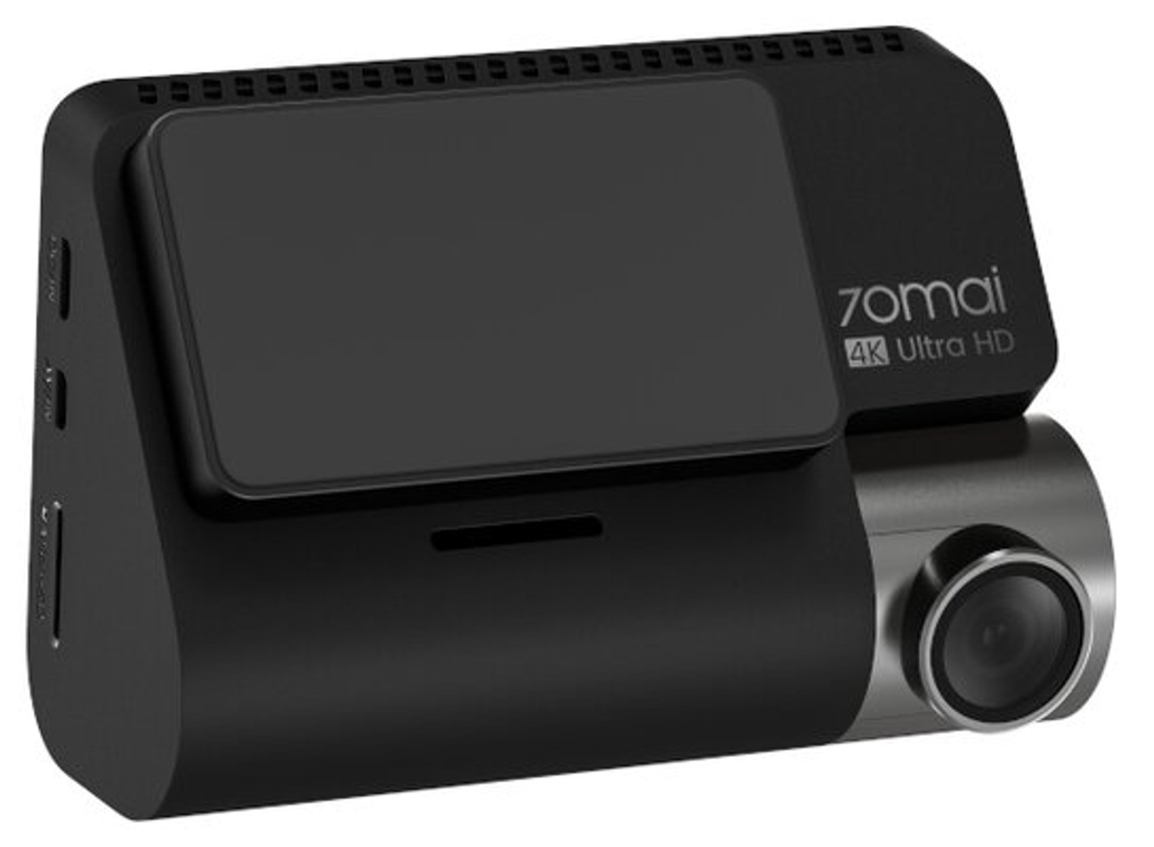 Schwarze 70mai Dashcam. Rechteckiger Bildschirm, Objektiv und Tasten sind sichtbar. 4K Ultra HD.