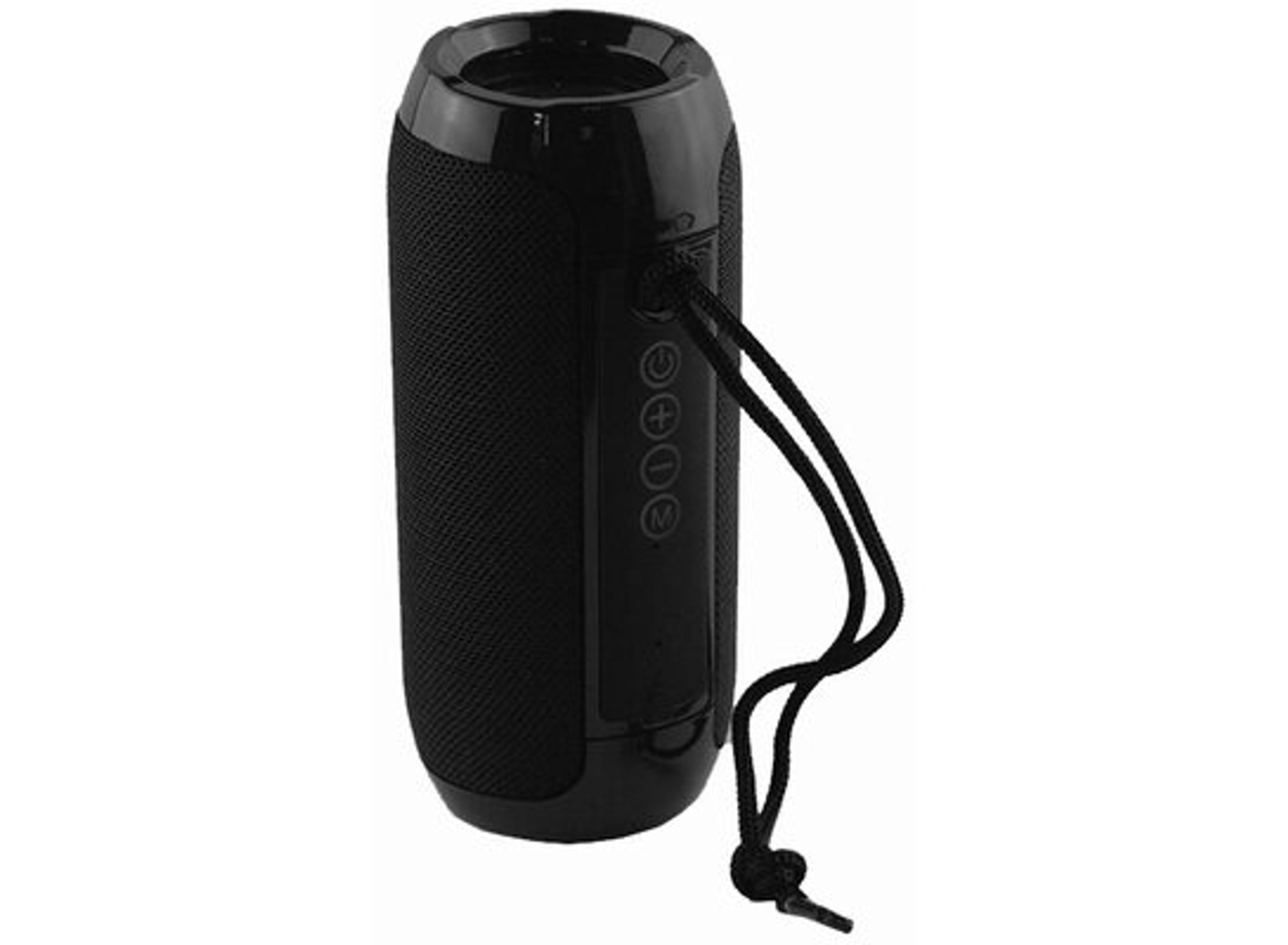 Un altoparlante Bluetooth nero, cilindrico, con pulsanti di controllo e un cordino per appenderlo.