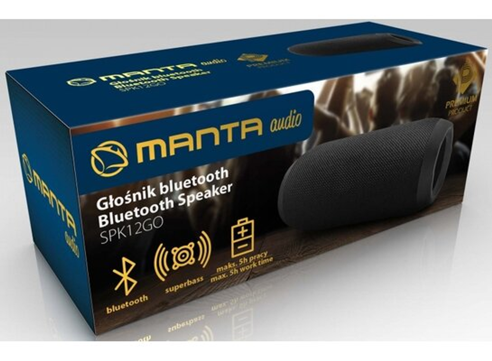 Scatola nera e blu con altoparlante nero. Testo include marchio e informazioni sull'altoparlante.