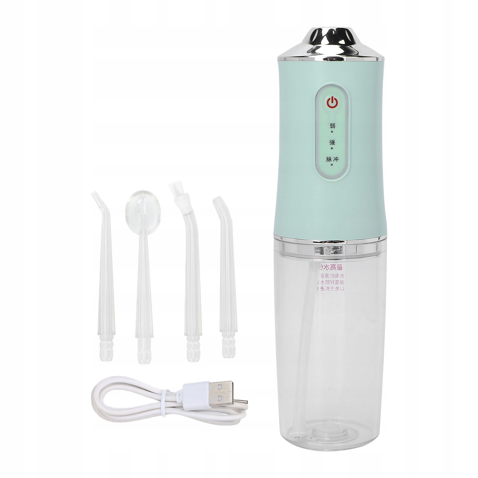 Türkis-weißer Wasserflosser mit Aufsätzen und Ladekabel. Weißer Hintergrund.