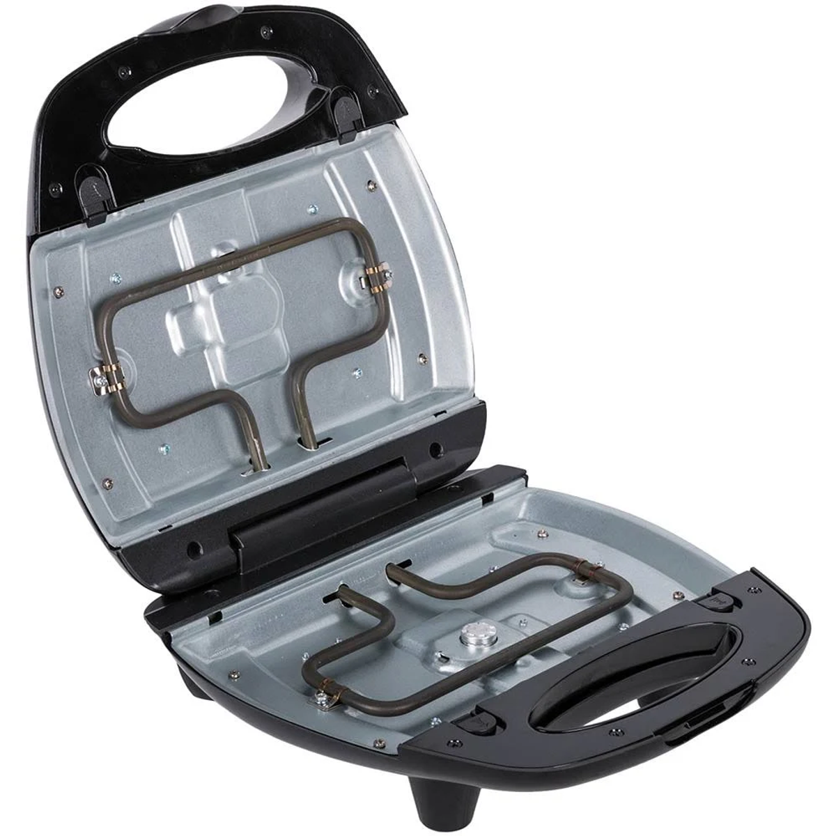 Czarny opiekacz do kanapek, otwarty, pokazujący elementy grzejne i wnętrze.