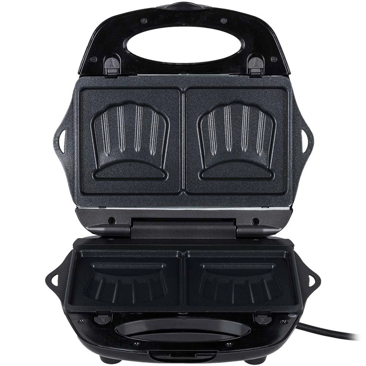 Otwarta czarna opiekacz do kanapek z dwoma sekcjami do gotowania. Jest pusty i gotowy do gotowania.