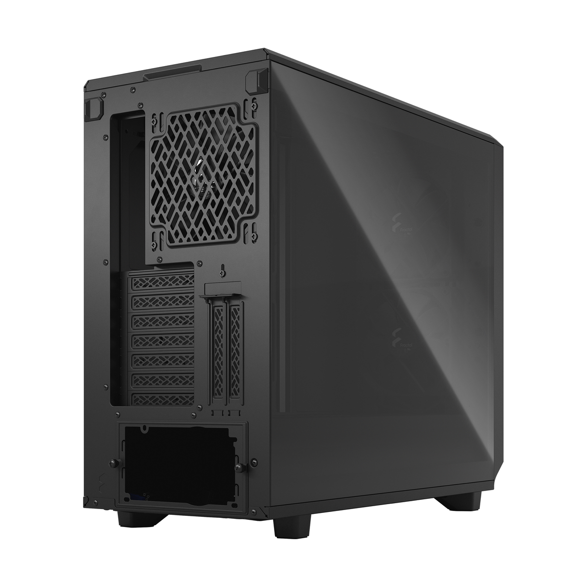 Een zwarte computerkast met een glazen zijpaneel.