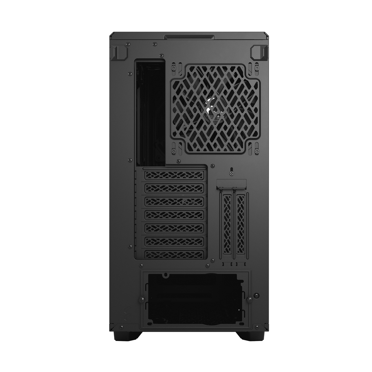 Achterkant van een zwarte computerkast. Het heeft diverse openingen voor ventilatoren en poorten.