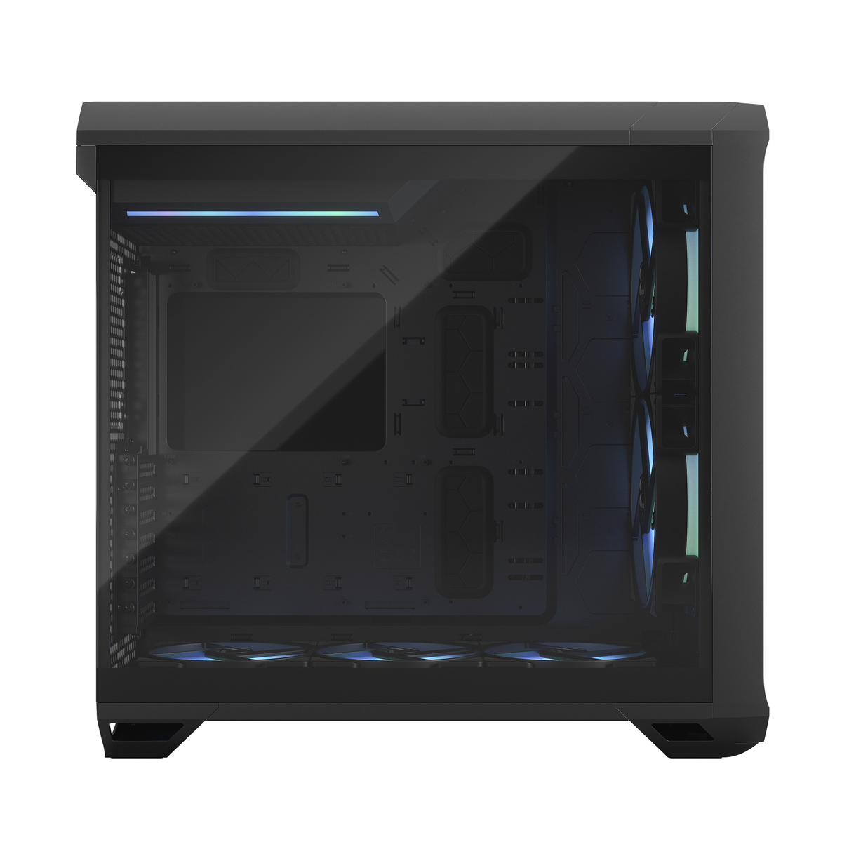 A black computer case with a glass side panel. It has fans with RGB lights, showing internal components.