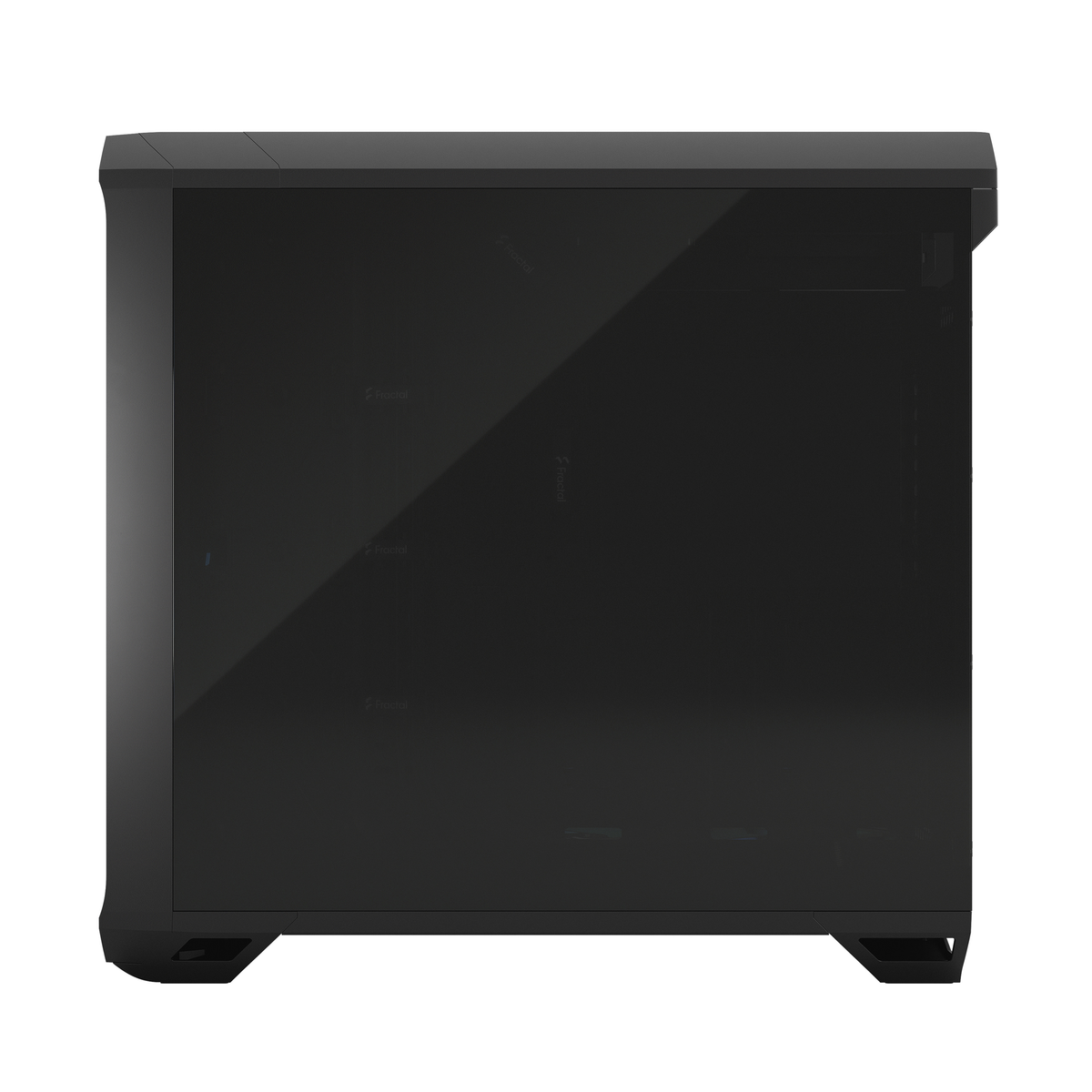 A black computer case with a glass side panel, clean and modern design, isolated.