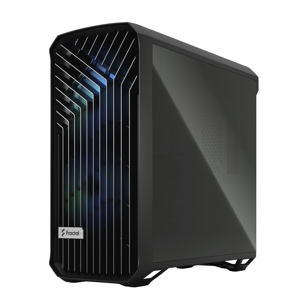 Black computer case with a glass side panel and the 'Fractal' logo.