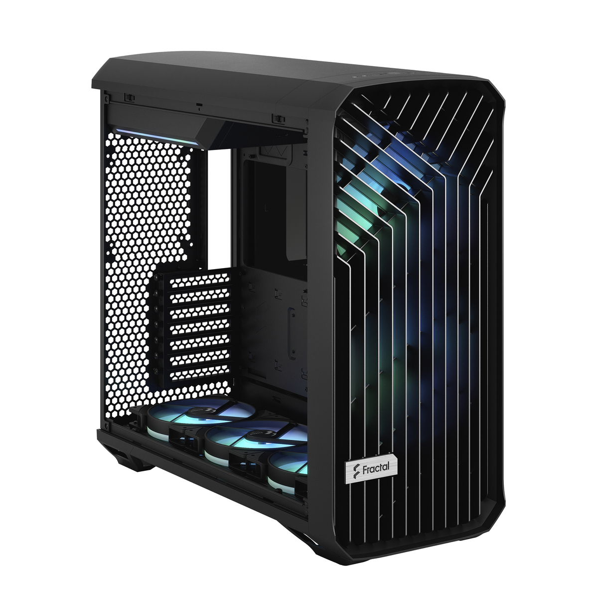Black computer case with mesh front and open side for internal view.