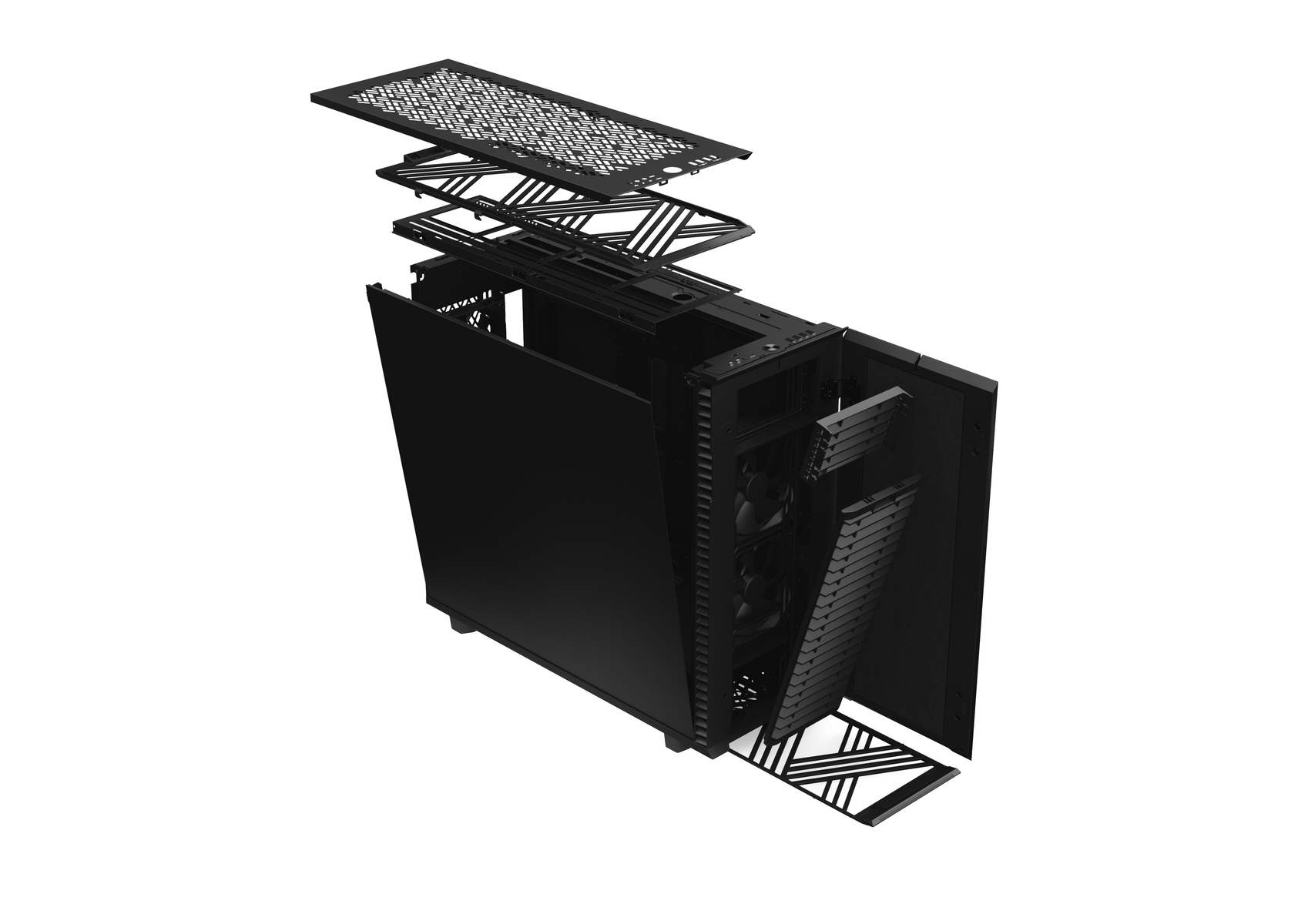 Czarna obudowa komputera z widocznymi komponentami. Obudowa jest zdemontowana do wyświetlania.